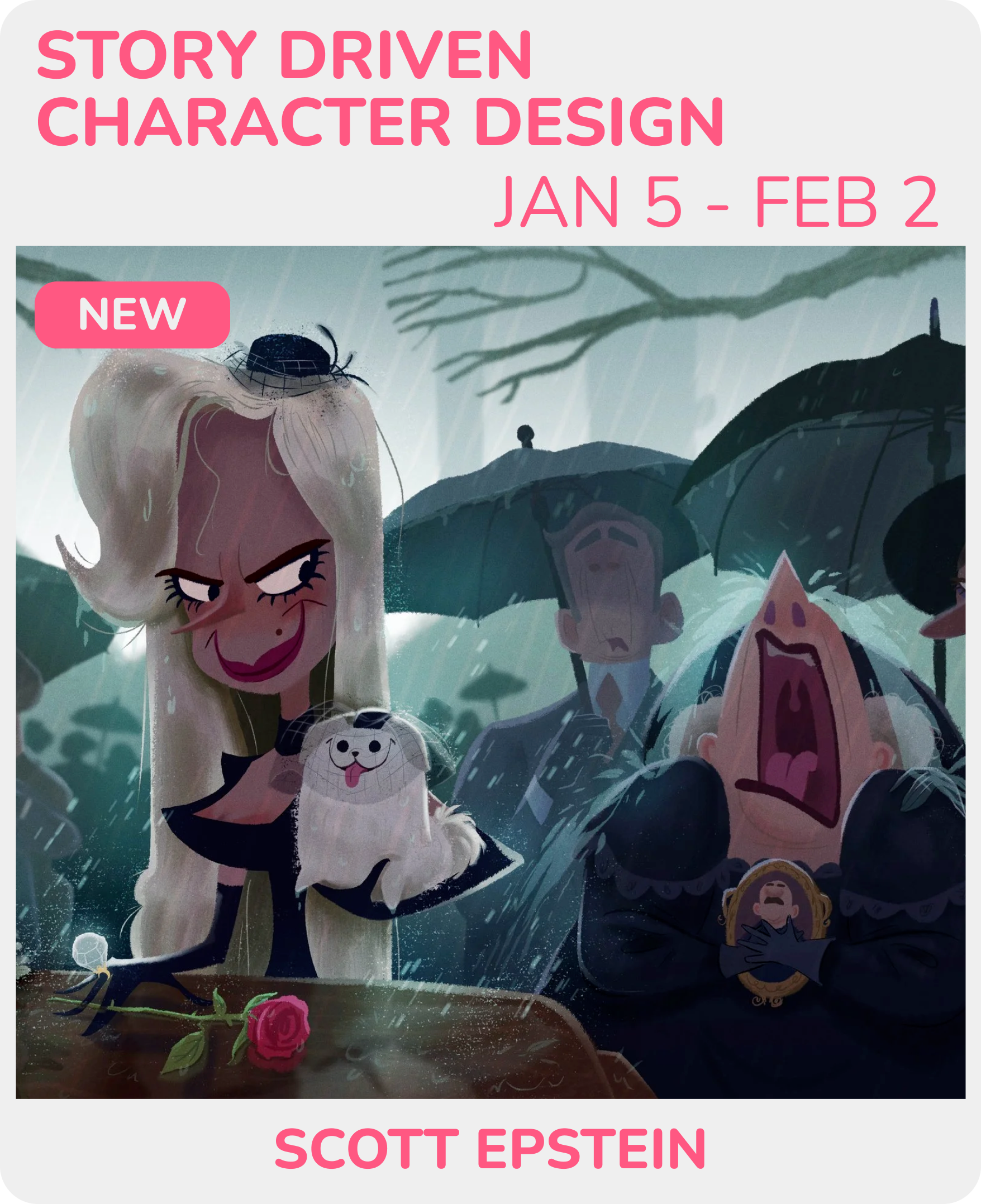Animation of a woman with long blonde hair, smiling and holding a small white dog, with a rose on the table in front of her. Behind her, two people are singing or shouting in the rain under umbrellas, and others are visible in the background with umbrellas.