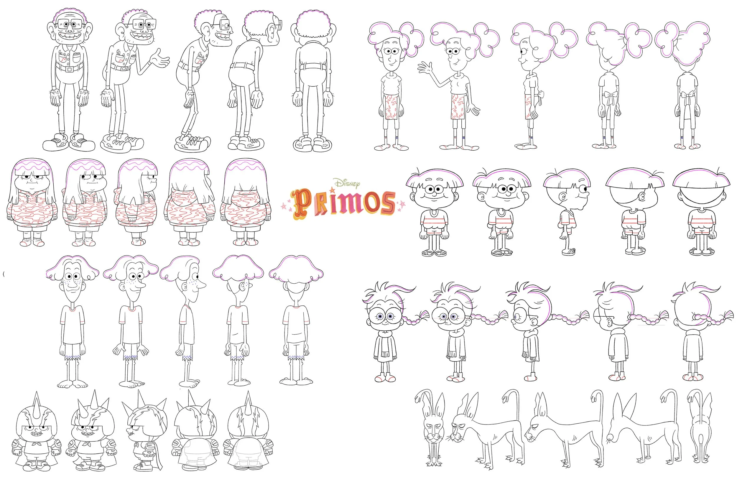 Lineup of character turnaround sketches from Disney's Primos, including elderly man, woman with pigtails, boy, girl, large dog, and various dog breeds, shown from multiple angles.