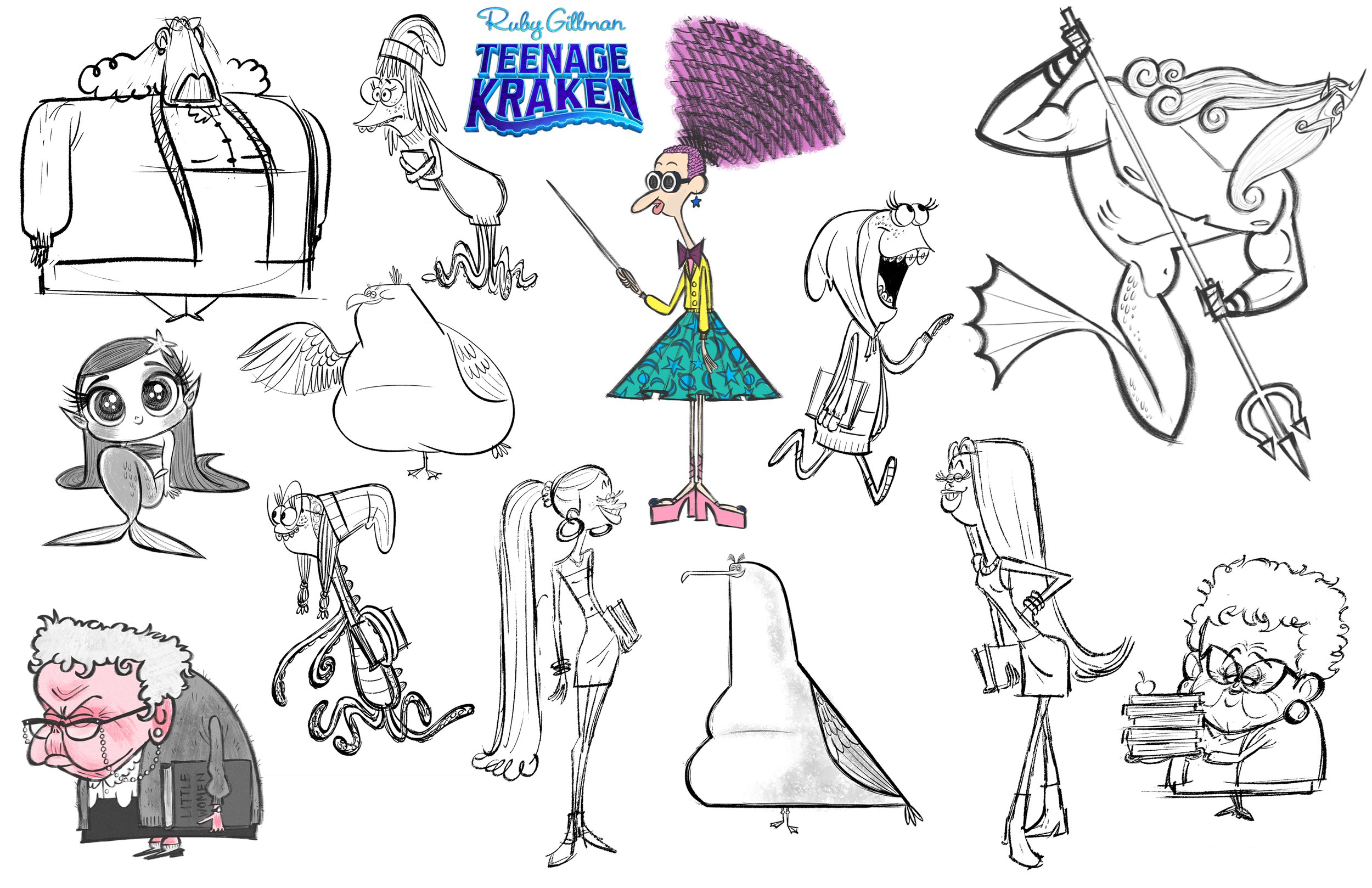 A collection of cartoon characters, including a large skeleton with curly hair, a dragon, a mermaid, and various women with distinct styles and accessories, some sketched in black and white and others in color, with a Ruby Gillman Teenage Kraken logo
