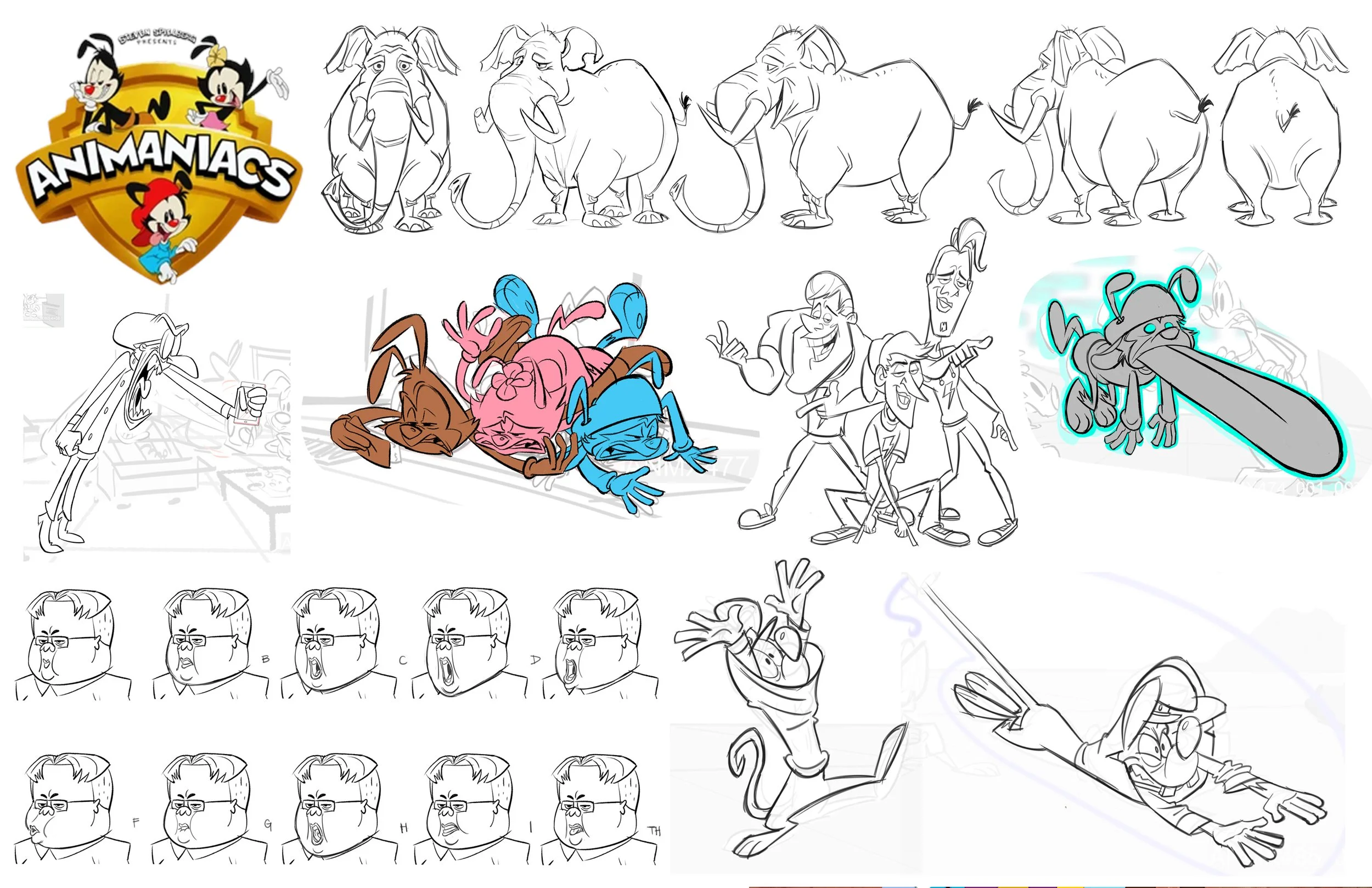 Character design sketches from Animaniacs, including the Warner siblings, Dot, Yakko, and Wakko, their expressions, poses, and various animation concepts.