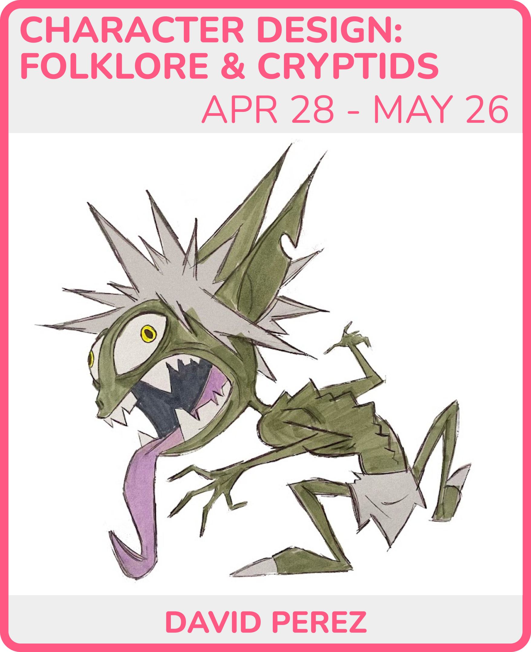 An illustration of a creature with a skeletal face, large yellow eyes, and a long purple tongue. It has spiky, gray and green features, with claws on its arms and a tail. The creature has a monstrous, cartoonish appearance.