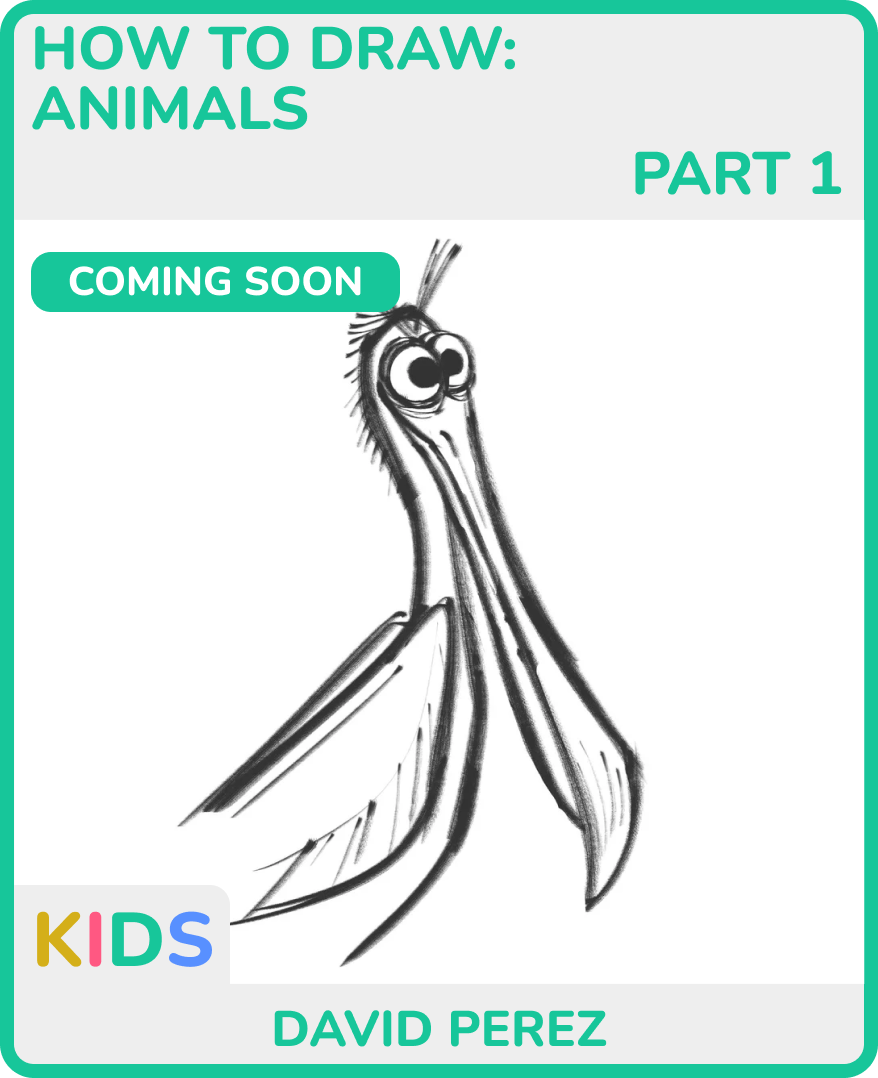 Drawing of a cartoon bird, likely a stork or crane, with large eyes and long beak, on a children’s drawing tutorial book cover for kids, titled 'How to Draw Animals Part 1' by David Perez.