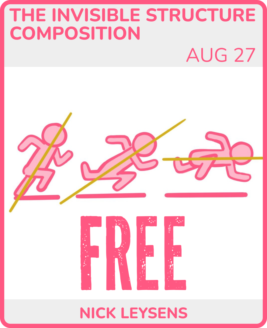Book cover titled 'The Invisible Structure Composition' by Nick Leysens, featuring three pink running stick figures with yellow lines indicating different motion directions, and the word 'free' in large pink text.