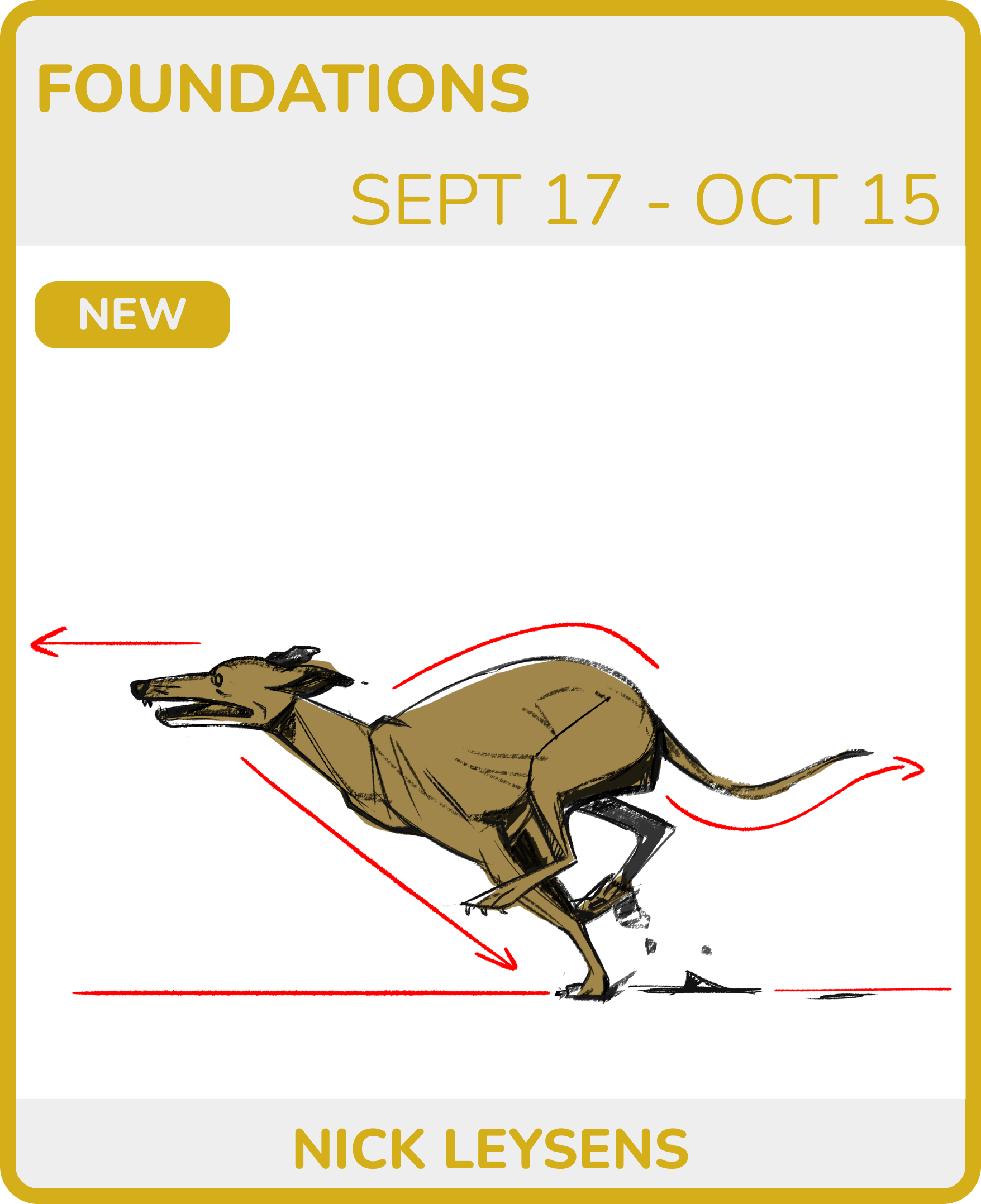 Digital cover or page with the title "Foundations" dated September 17 to October 15, and a drawing of a running dog with red sketch lines and red arrows showing motion.