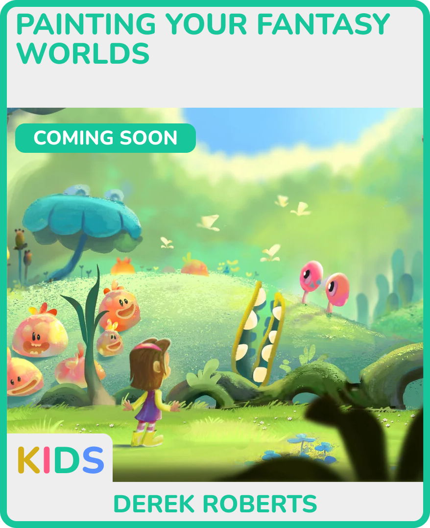 A colorful animated scene with a girl with brown hair and pink stripes on her yellow rain boots, standing in a grassy field in front of toadstool-like creatures and a large, mischievous-looking mouth opening with teeth, surrounded by playful fantasy creatures in a vibrant, green, and blue environment.
