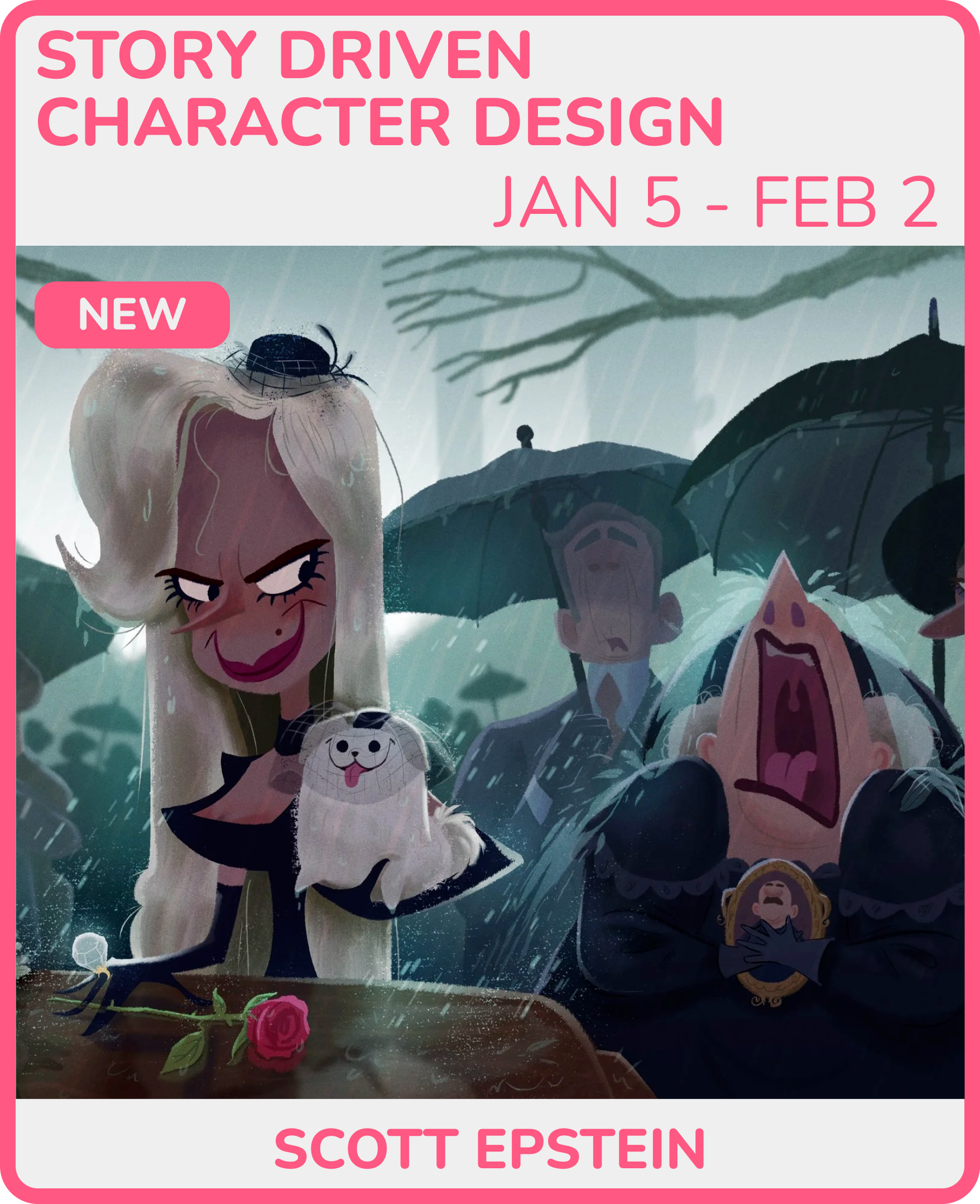Illustration of characters from the movie 'Encanto' in the rain, with a woman holding a dog and a rose on a table, expressing sadness or mourning, with other characters holding umbrellas and showing emotional reactions.