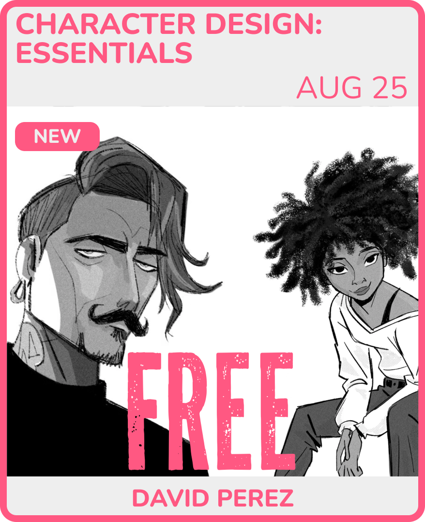 Black and white cartoon-style illustration of two characters, a man with long hair and a mustache and a woman with large curly hair, sitting side by side. The image includes pink text indicating a character design event on August 25, with the word 'FREE' prominently displayed and a pink label saying 'NEW'.