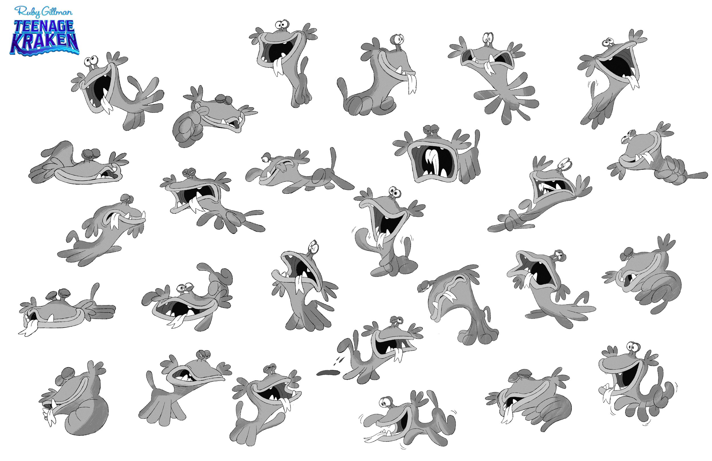 Collection of black-and-white cartoon images of a goofy, exaggerated dog with large eyes, floppy ears, and a wagging tongue, displaying various humorous and expressive poses and facial expressions.