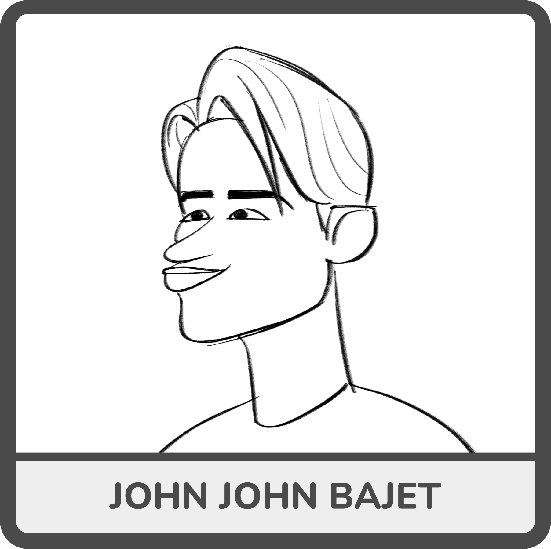 Cartoon illustration of a man with a mustache, styled hair, and a confident expression, labeled as John John Bajet.