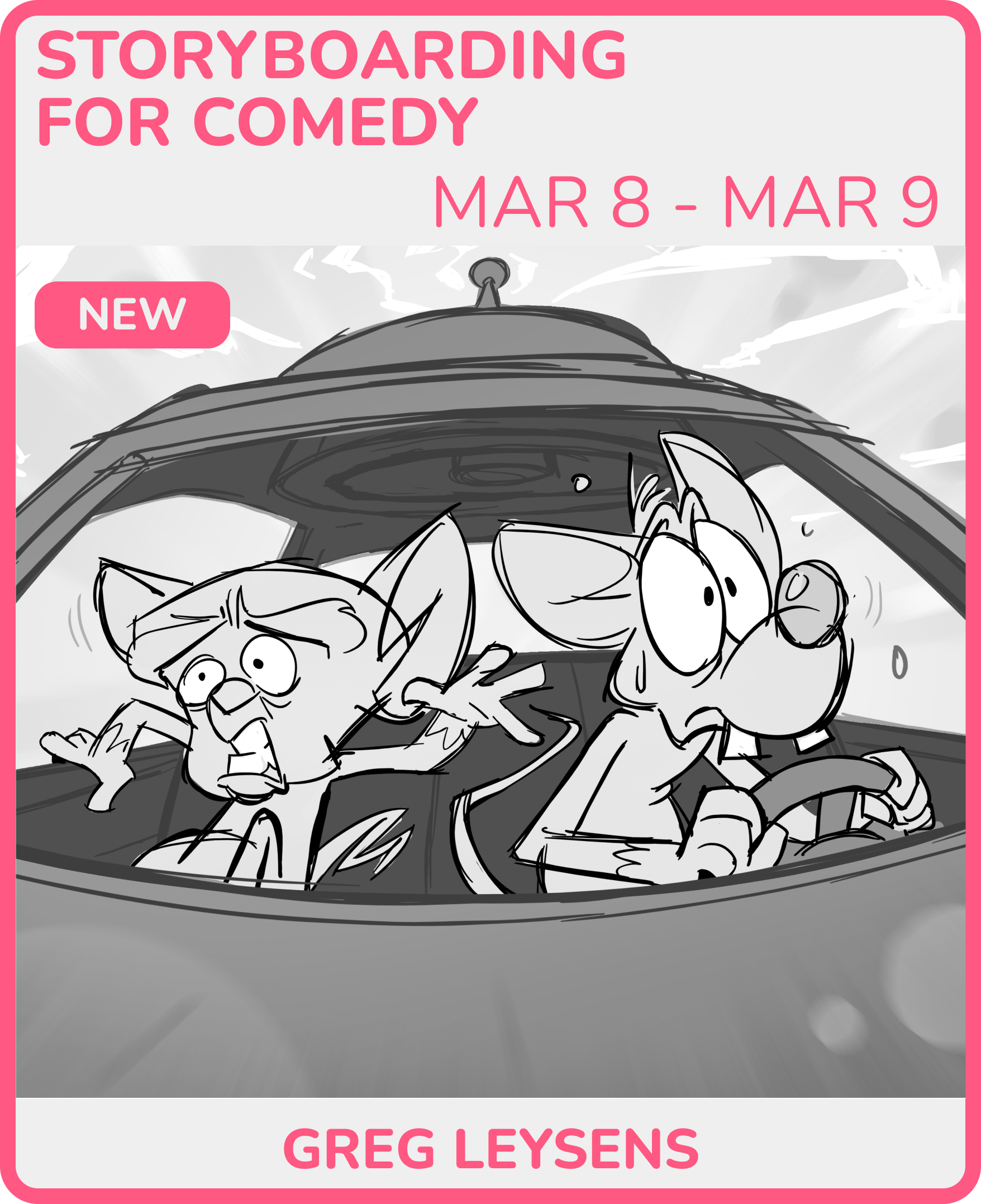 A black and white cartoon illustration of a cat and a dog in a car, both looking surprised and worried. The cat is on the left, speaking with his mouth open and hands gesturing. The dog is on the right, gripping the steering wheel with a worried expression. The background features a flying saucer or UFO in the sky.