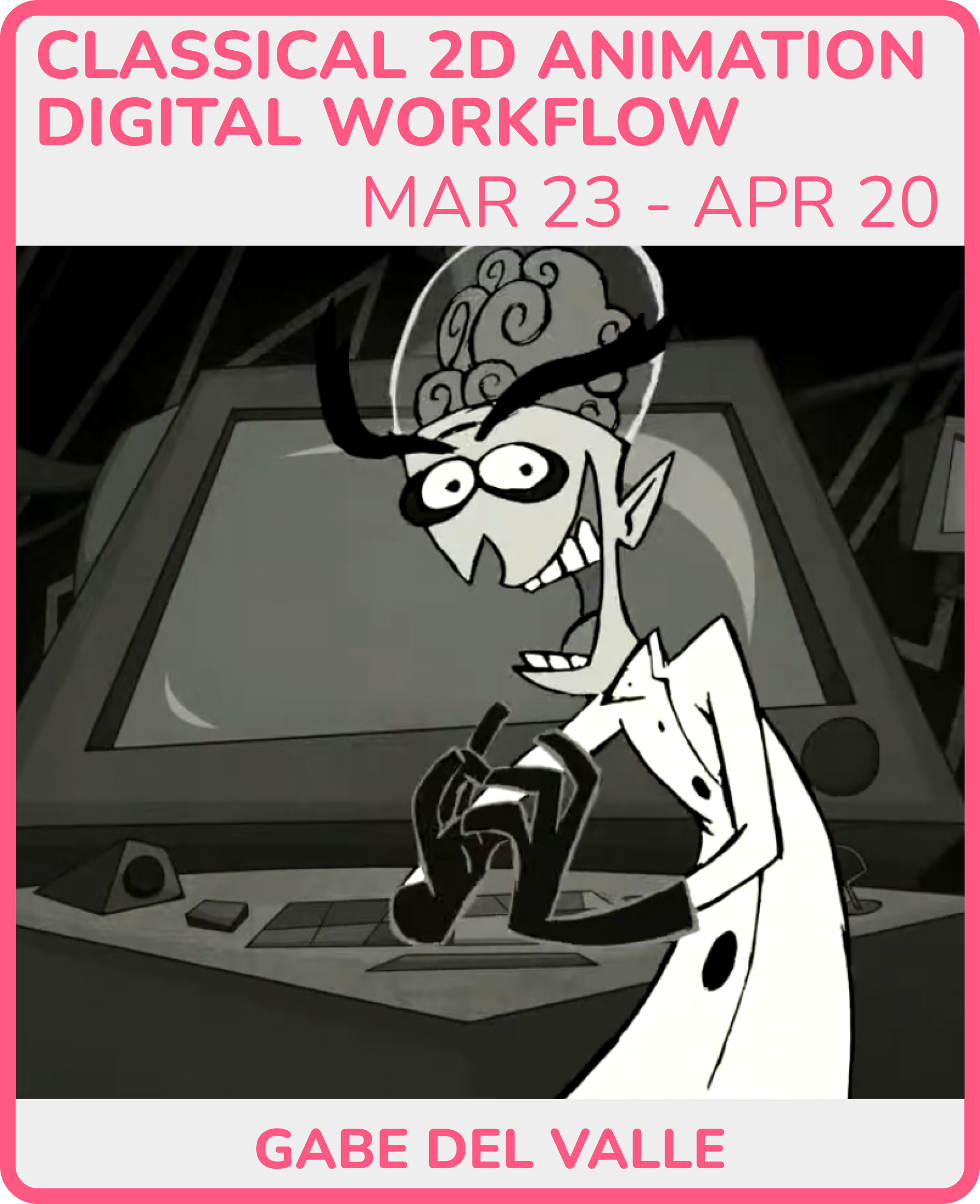 Black and white cartoon character with wild hair and bug-like eyes, wearing a lab coat, standing at a control panel with a large monitor behind, in a sci-fi setting.