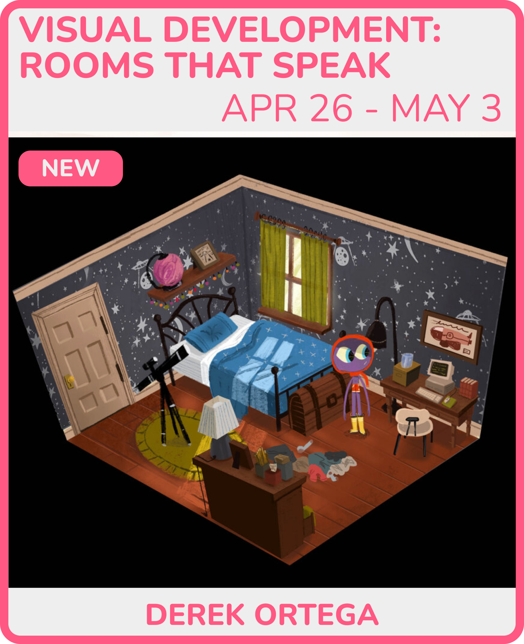 A digital illustration of a child's bedroom decorated with a space theme, featuring a bed with blue bedding, a telescope, a treasure chest, a desk with a computer, and a colorful rug, with space-themed wallpaper.