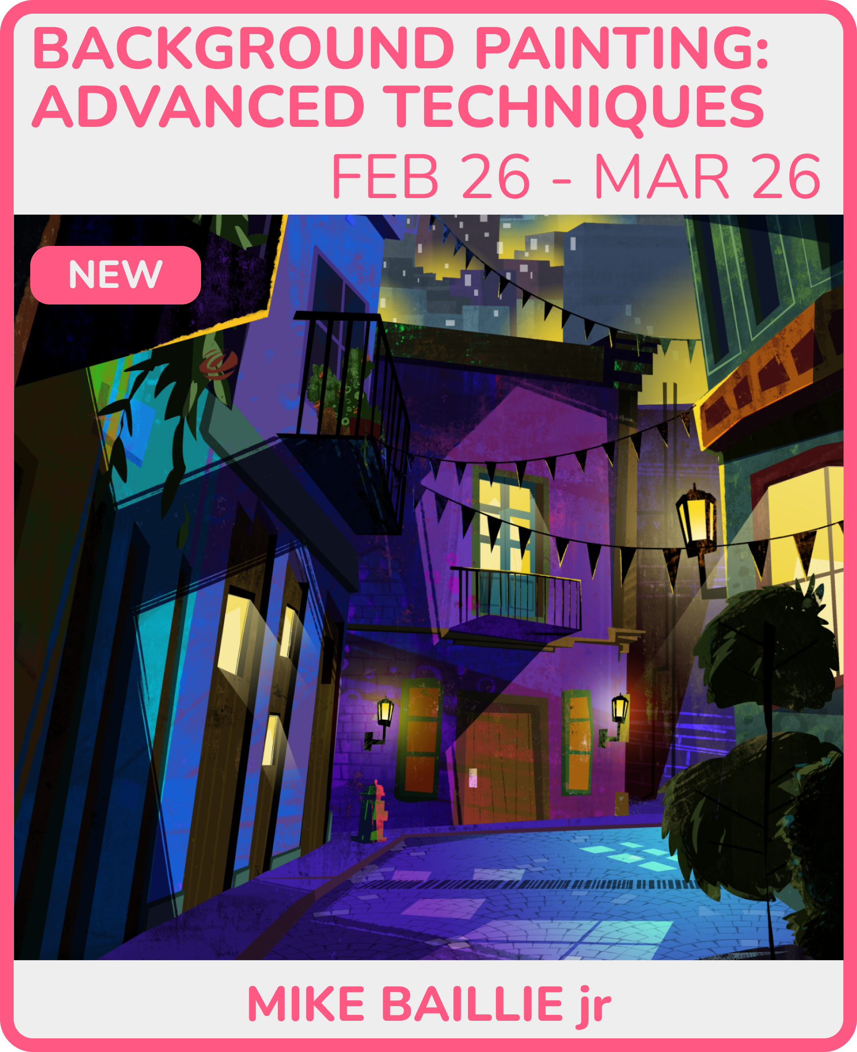 Digital illustration of a vibrant, colorful alleyway with illuminated windows, street lamps, decorative flags, and a dark night sky.