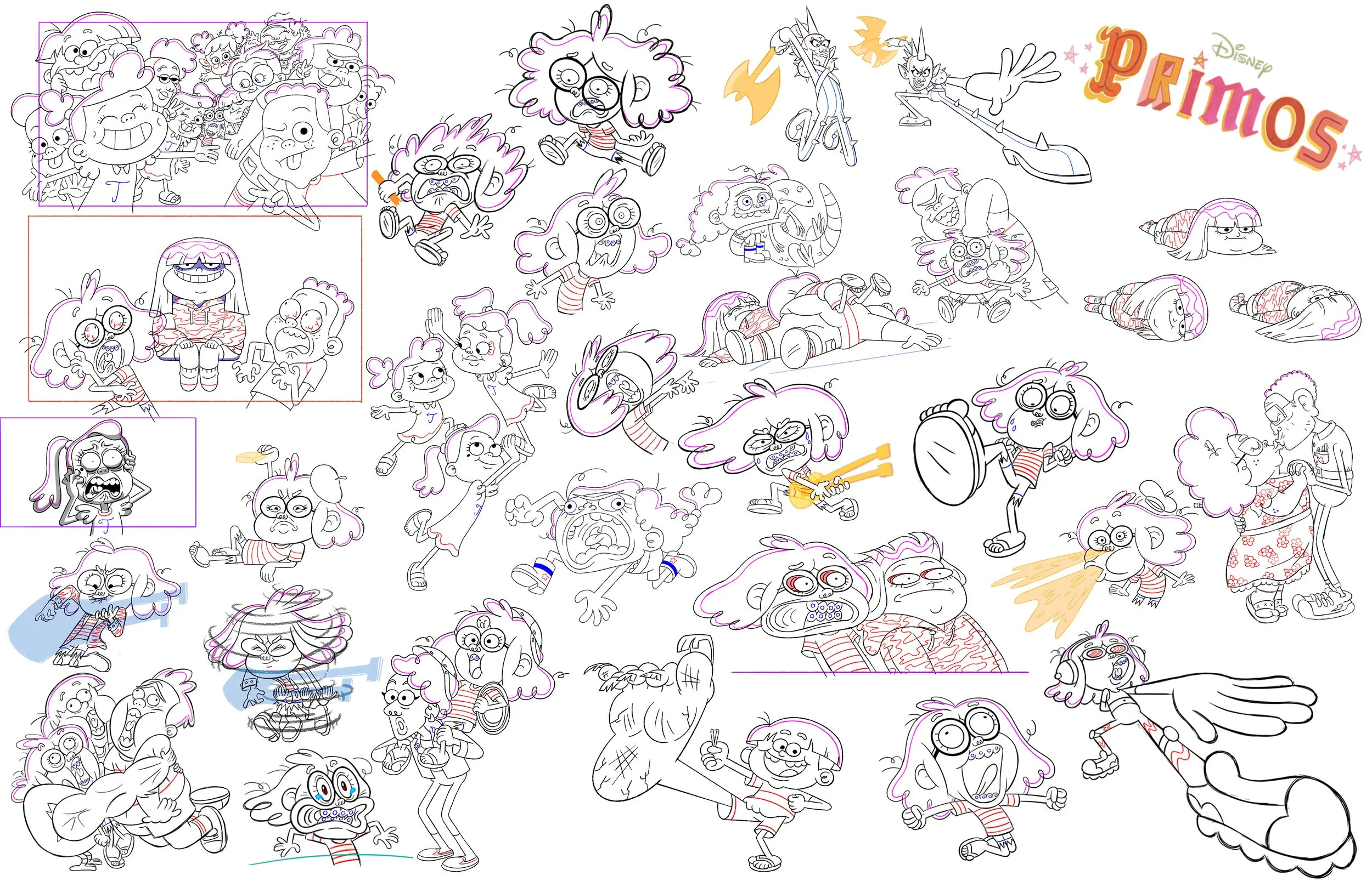 A collection of black and white sketches of characters from the animated film 'Primos' by Disney, depicting various humorous and exaggerated facial expressions and actions.