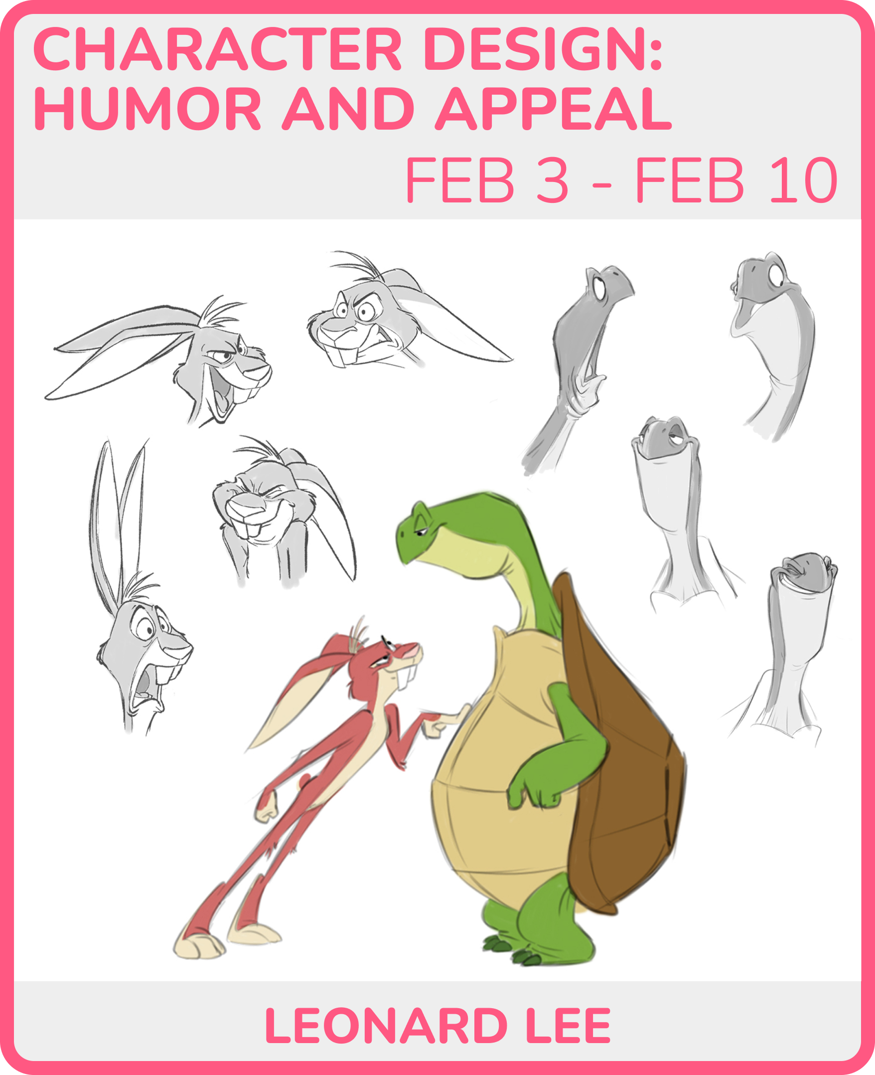 Collection of character sketches from Leonard Lee's 'Character Design: Humor and Appeal', featuring various expressive animal characters and two color illustrations of a rabbit and a turtle.