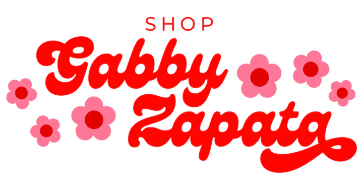 Shop Gabby Zapata with pink flowers surrounding the text in red and pink lettering.