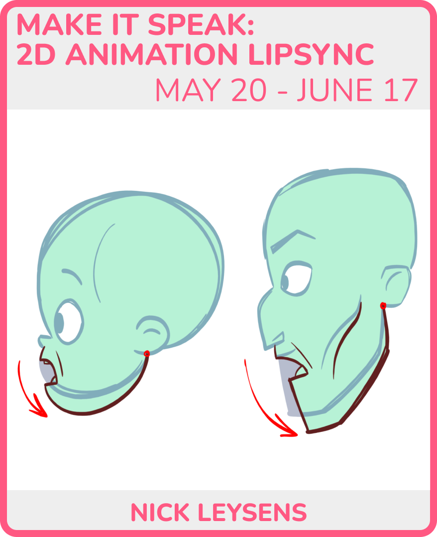 Two 2D animated illustrations of a human head, demonstrating head movement from a forward-facing position to a downward tilt, with arrows indicating the motion. The image is part of a tutorial for lip-sync animation, created by Nick Leysen, promoting an event from May 20 to June 17.