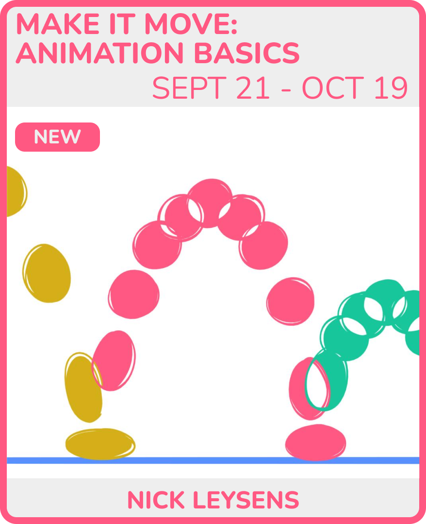 An advertisement for an animation basics course titled "Make It Move" scheduled from September 21 to October 19. The image features colorful abstract shapes forming a dynamic, movement-like pattern, with pink, gold, and teal colors.