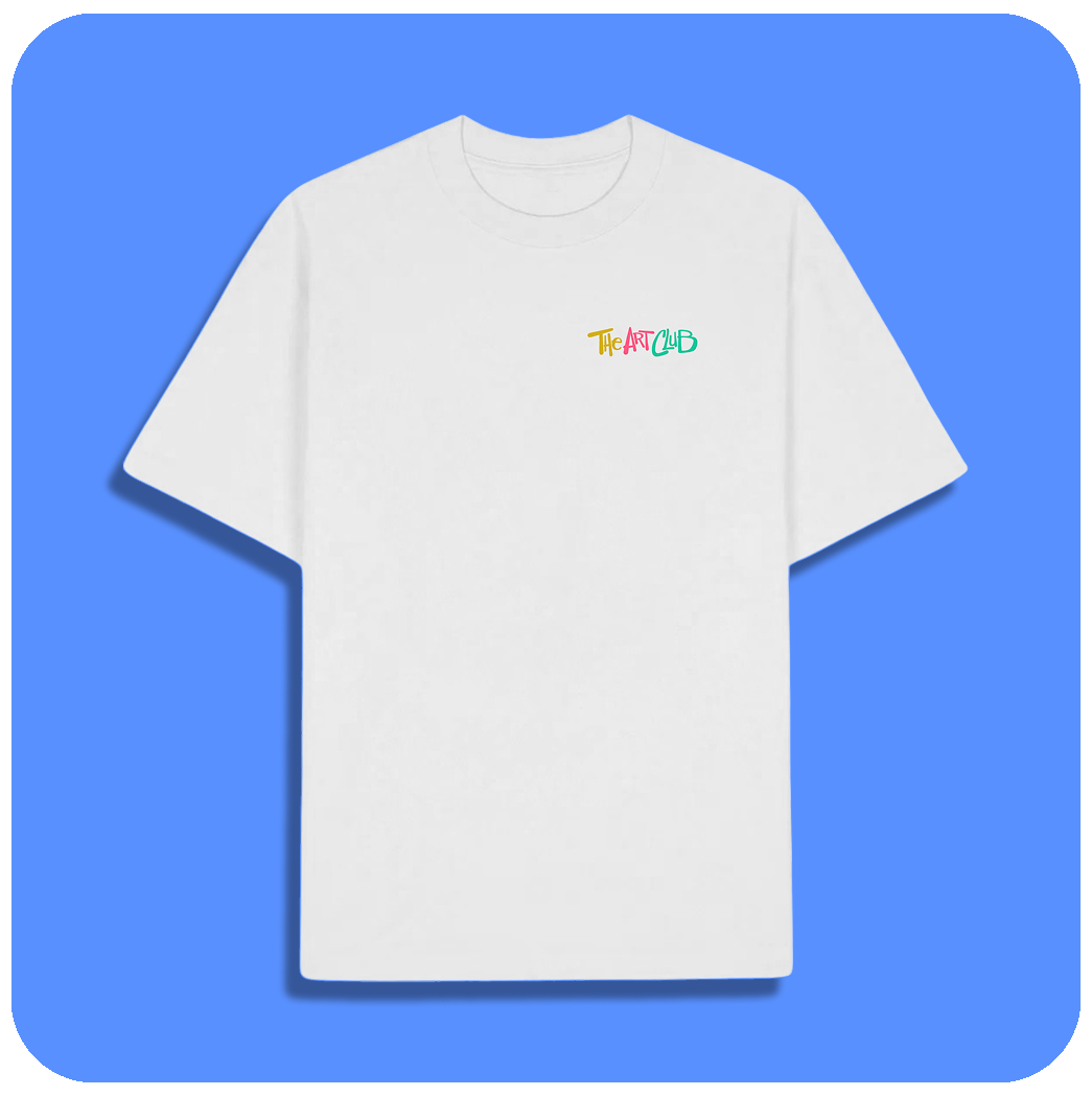 White T-shirt with a small, colorful text logo that reads 'The Art Club' on the left chest area, set against a blue background.