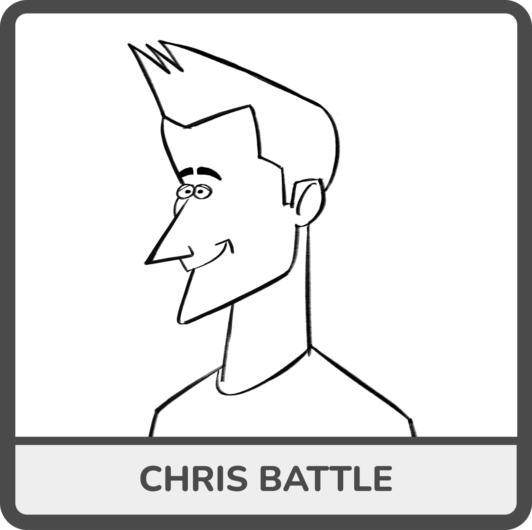 A black and white line drawing of a cartoon man with spiky hair, glasses, a big nose, and a smiling expression. The image is labeled "Chris Battle" at the bottom.