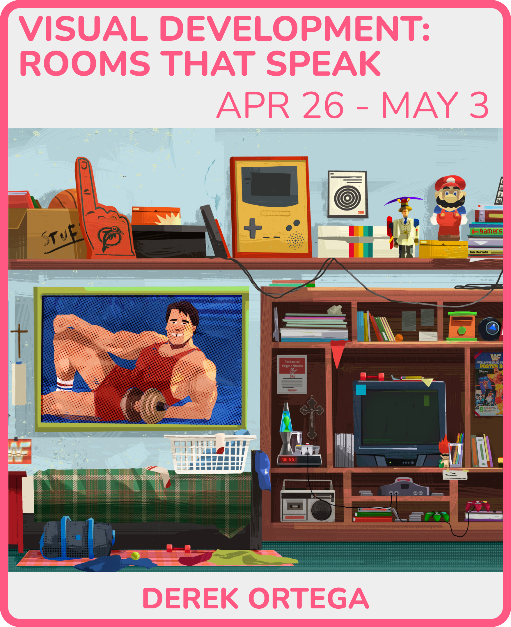 Book cover titled "Visual Development: Rooms That Speak" by Derek Ortega featuring a cluttered room with a television, books, gaming consoles, toys, and various objects.