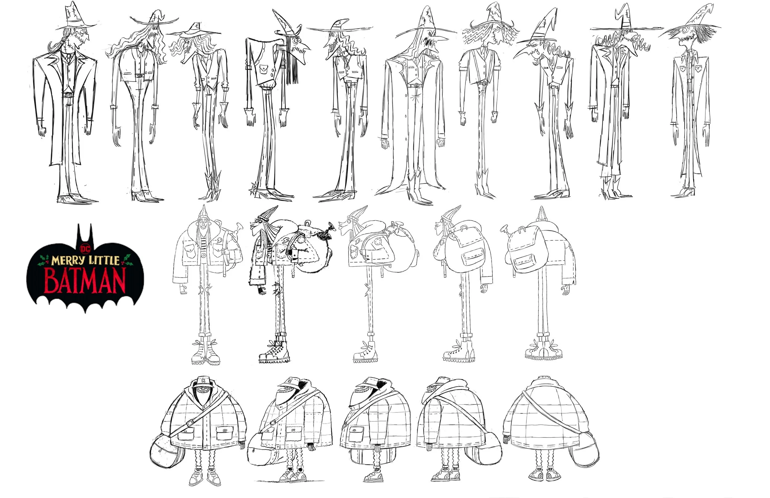 Sketches of various characters from the animated show "Merry Little Batman," including witches, witches with backpacks, and a logo for the show.