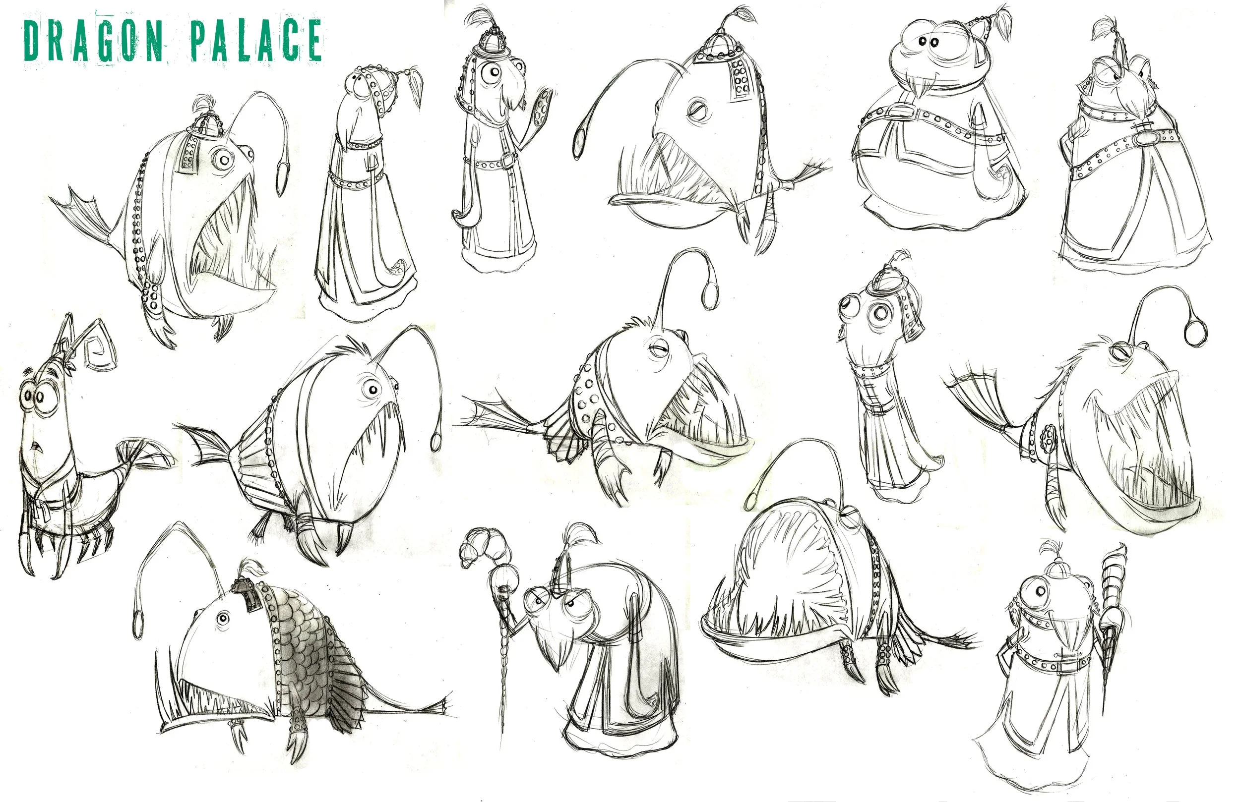 Various sketches of fish with fishermen in medieval or fantasy attire, some with exaggerated features like large eyes, prominent teeth, and fishing hooks, labeled "Dragon Palace" in green text.