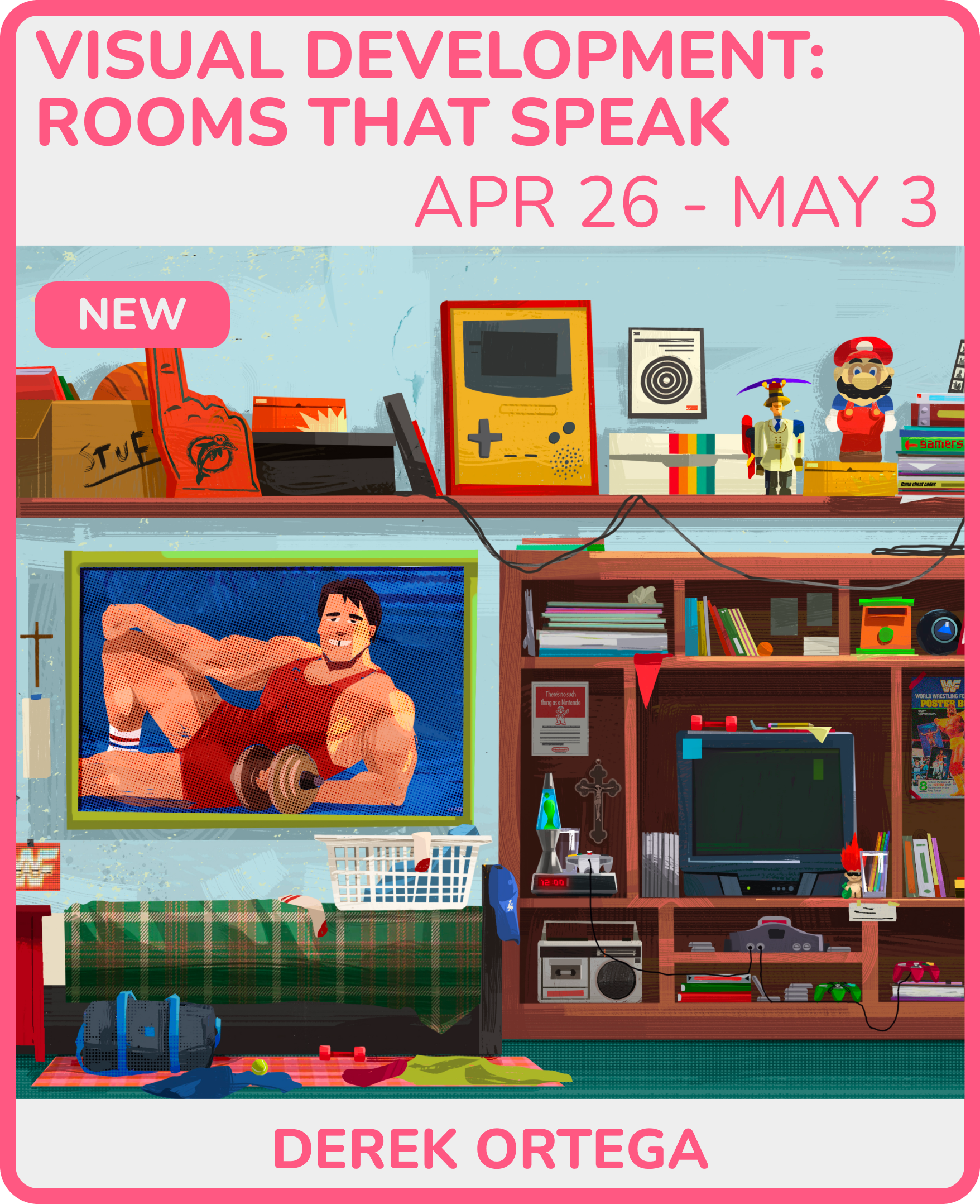 Book cover titled "Visual Development: Rooms That Speak" by Derek Ortega, featuring a cluttered bedroom or game room with various objects including a TV, video game consoles, books, toys, and posters.