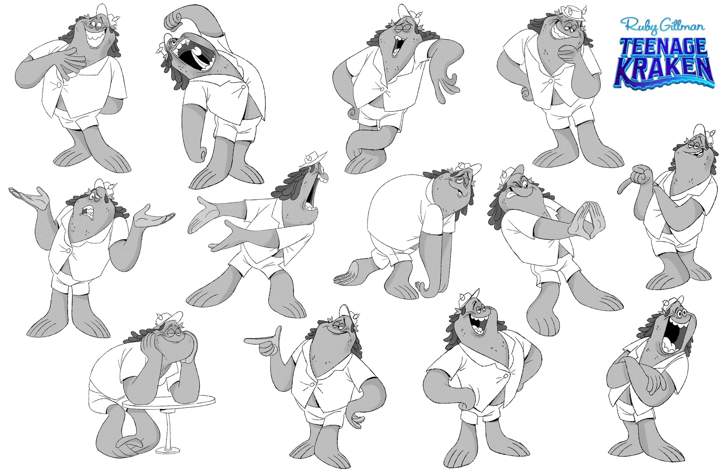 Collection of character sketches of a female fish from the animated film Teenager Kraken, showing various expressions and poses in grayscale.