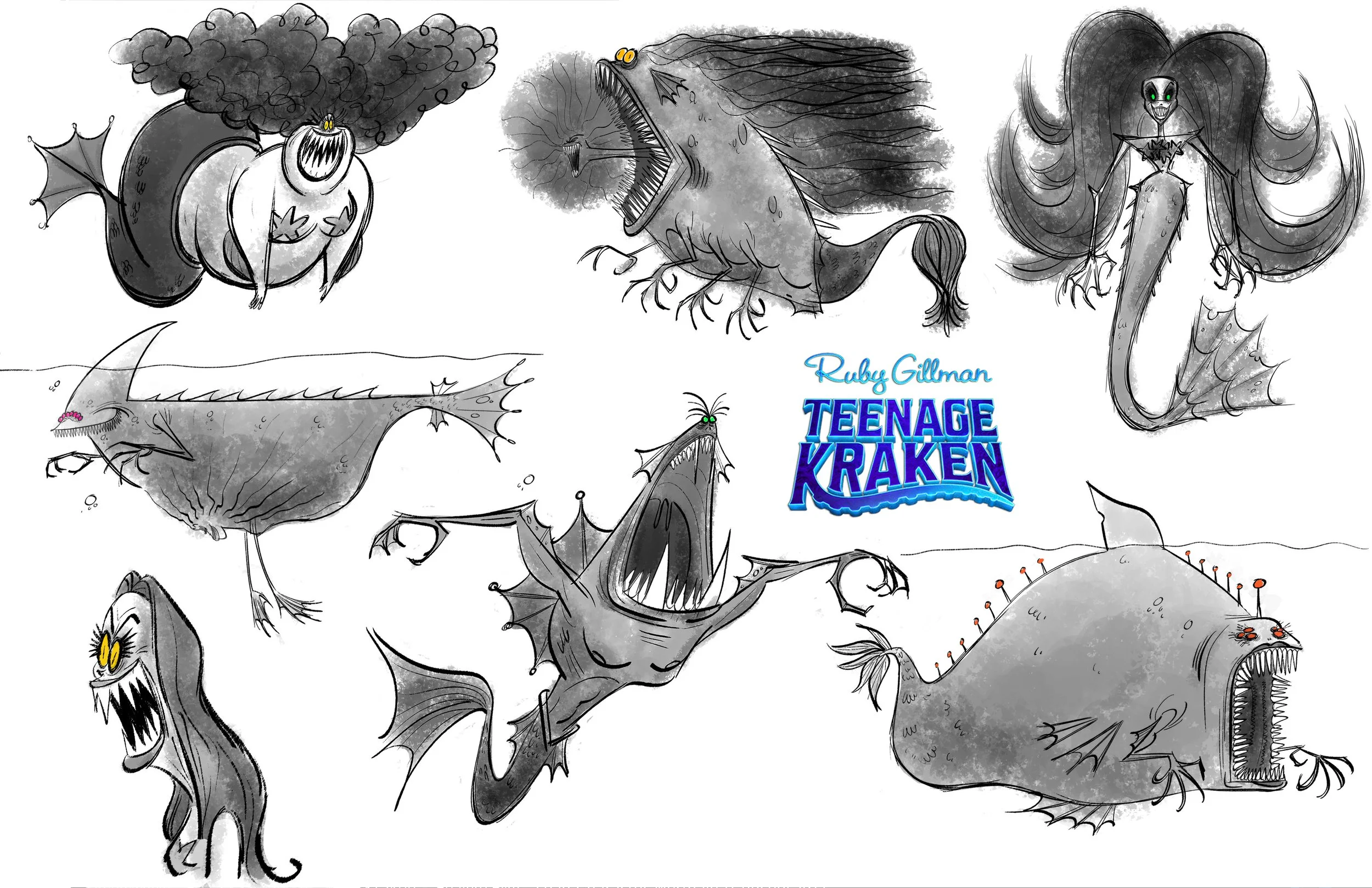 Collection of various monster sketches, including a bat-like creature with smoke, a fish with large teeth, a mermaid with a sinister face, a big fish with armor, a shark with wings, a spider-like creature spitting water, a grey fish with antennae, an