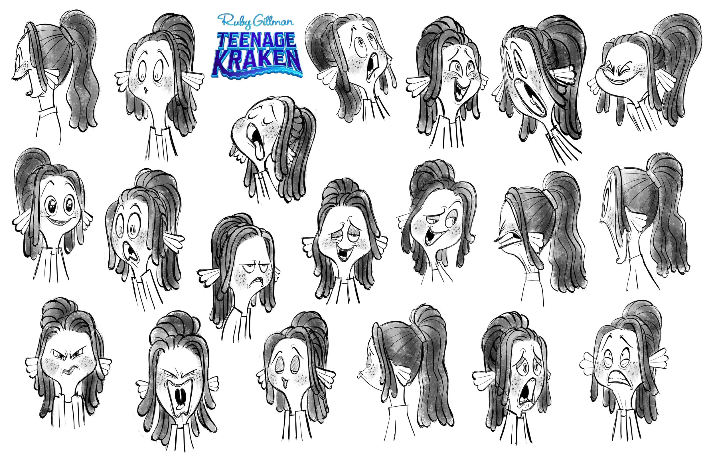 Set of black and white sketches of a girl with long, wavy hair in various emotional expressions from the animated series Teenage Kraken by Ruby Gillman.
