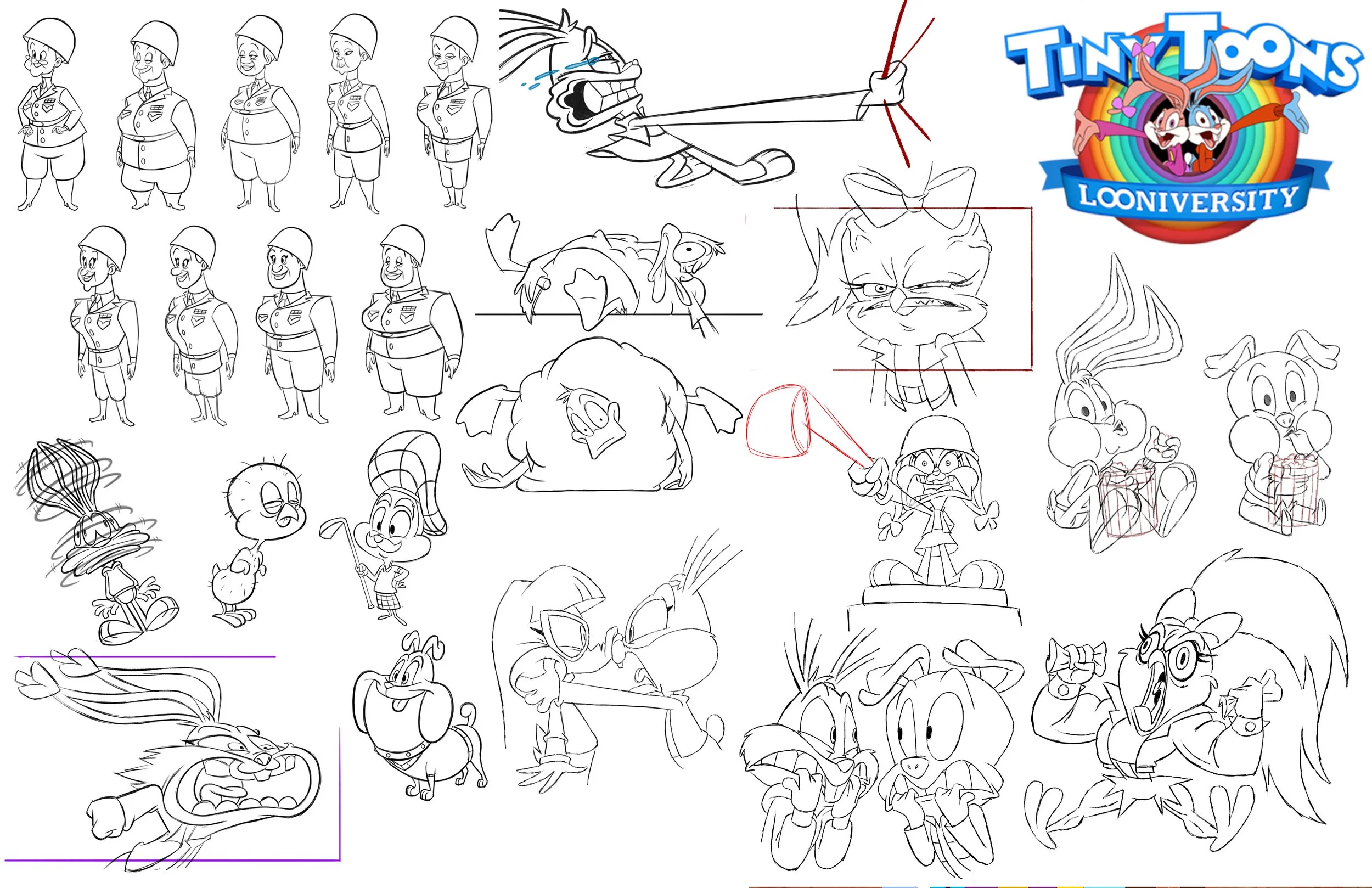 Collection of sketches and character designs of various cartoon characters from the show Toon Town University, including humans, animals, and animated creatures, with the Toon Town University logo at the top right.