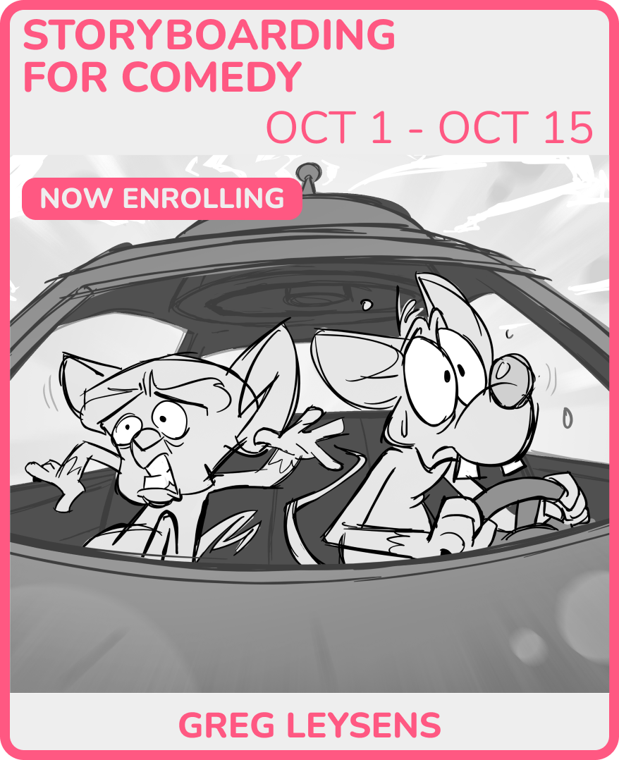Black and white cartoon illustration of two anthropomorphic animals in a speeding car, with anxious expressions. The character on the left appears to be a cat, with wide eyes and arms raised, looking frightened. The character on the right appears to be a dog, also with wide eyes, gripping the steering wheel tightly. The advertisement promotes a comedy storyboard course running from October 1 to October 15, and indicates that enrollment is now open.