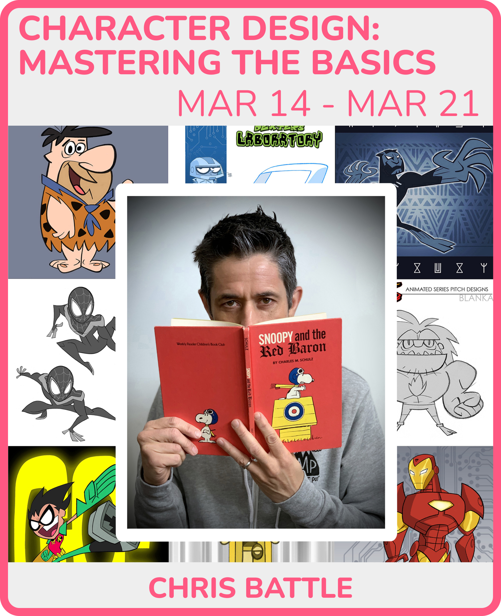 A man holding and reading a red book titled 'Snoopy and the Red Baron' by Charles M. Schulz. The background features various cartoon character illustrations and designs, promoting a character design event.