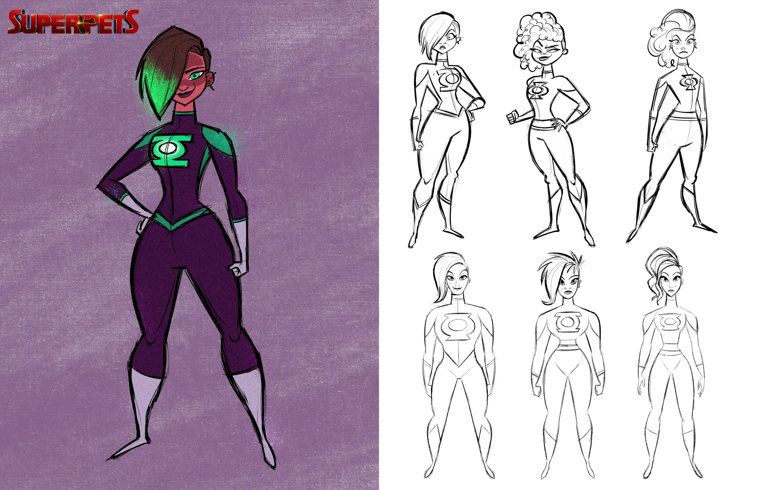 Colorful illustration of a female superhero with short hair partially covering one eye, wearing a purple and green suit with a lantern symbol, with six different sketch versions showing various poses and hairstyles on the right.