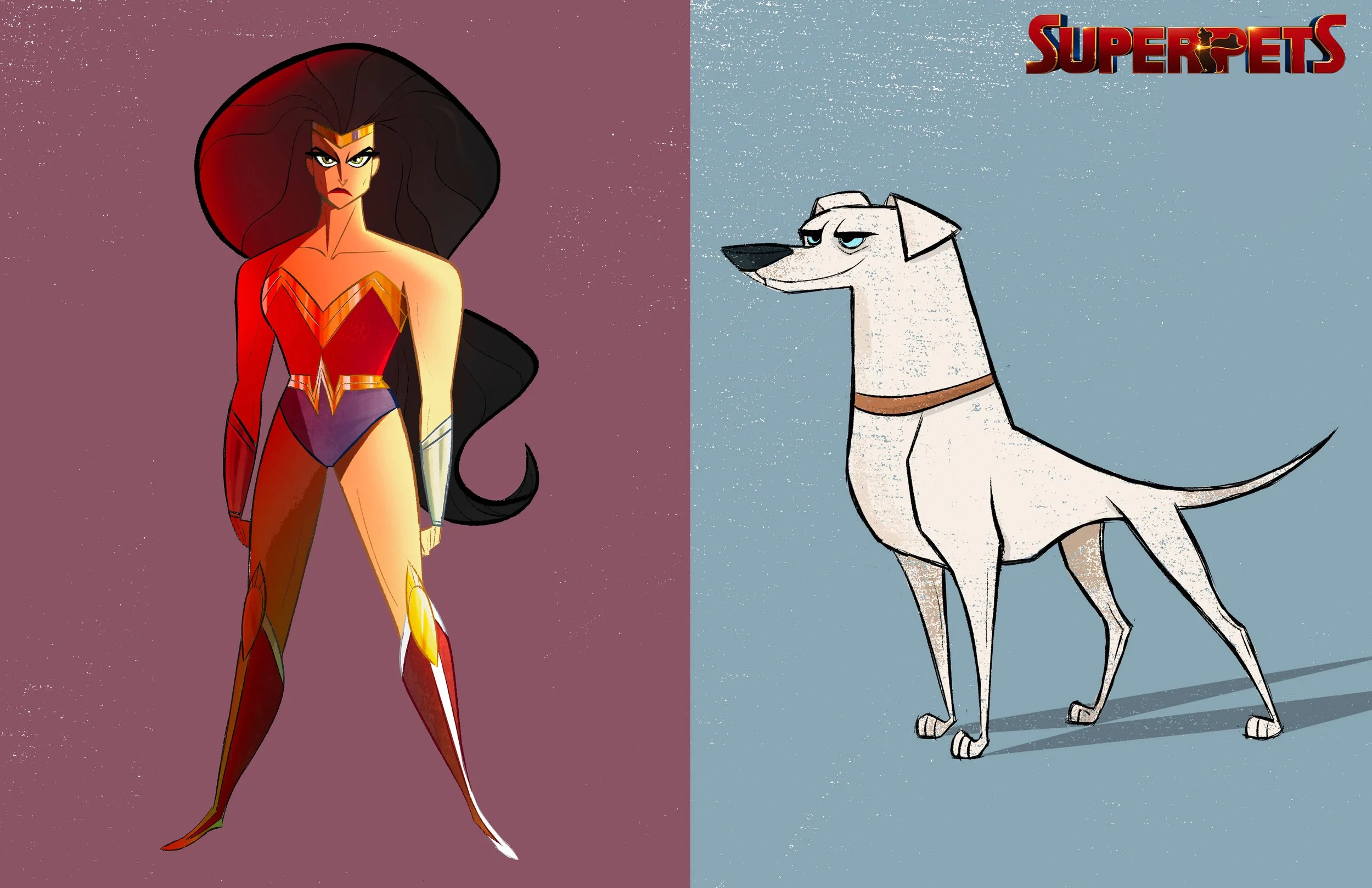 Split-screen image with Wonder Woman on the left and a cartoon dog on the right. Wonder Woman is standing confidently with her hands by her sides, wearing her iconic red, gold, and blue costume, with long dark hair. The dog is white with a brown coll