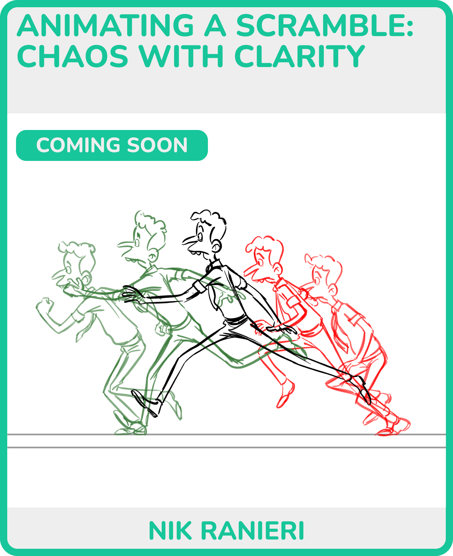 Illustration of a overlapping multiple sketches of a man in different poses, showing the process of animation. The sketches are in black, red, and green lines. The image represents the process of creating an animated figure with clarity from chaos.