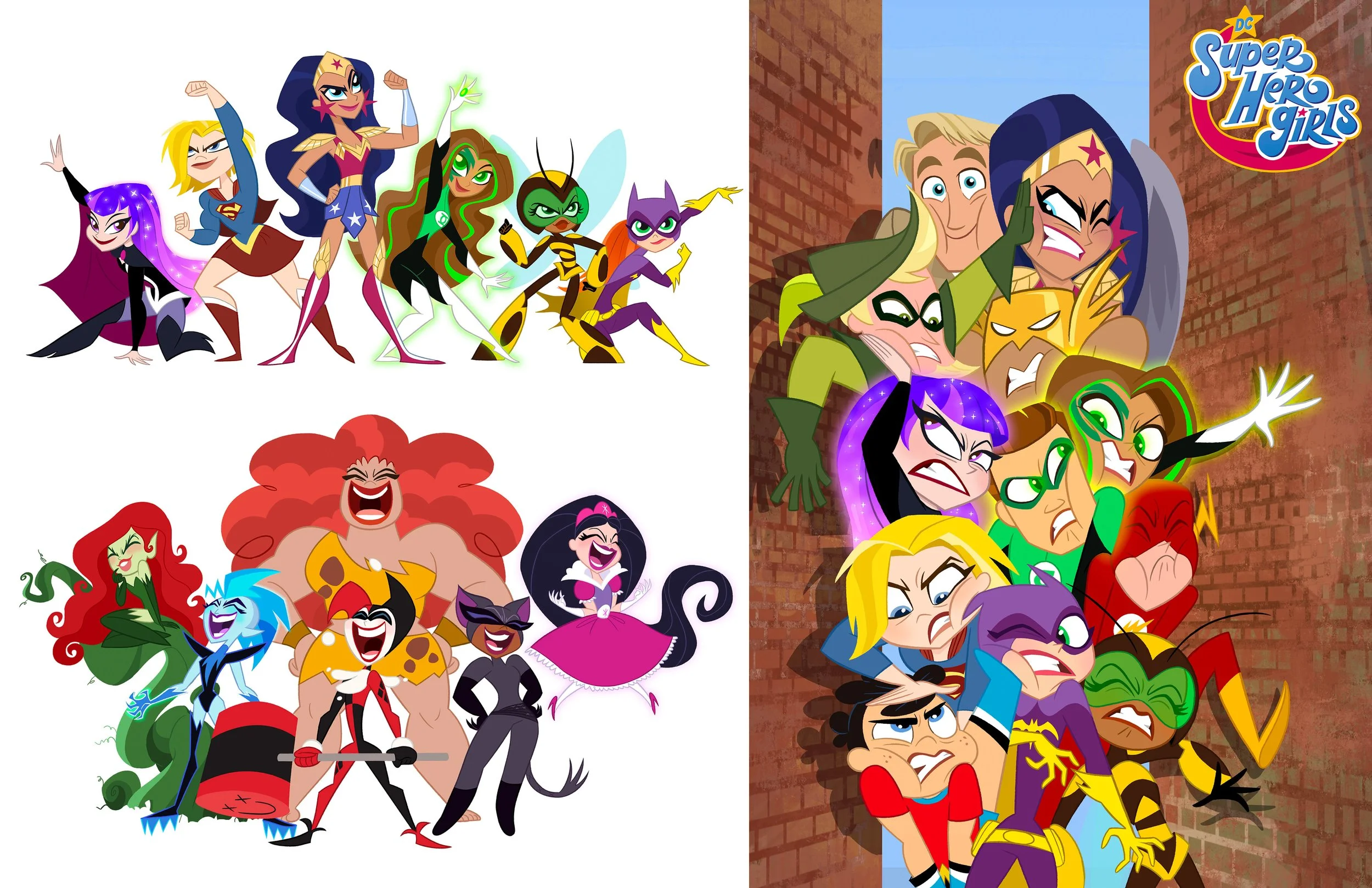 Group of DC Super Hero Girls characters in two sections: top section features five women in superhero costumes, bottom section has five women and one man with playful expressions; right section shows a group of girls and one boy against a brick wall,