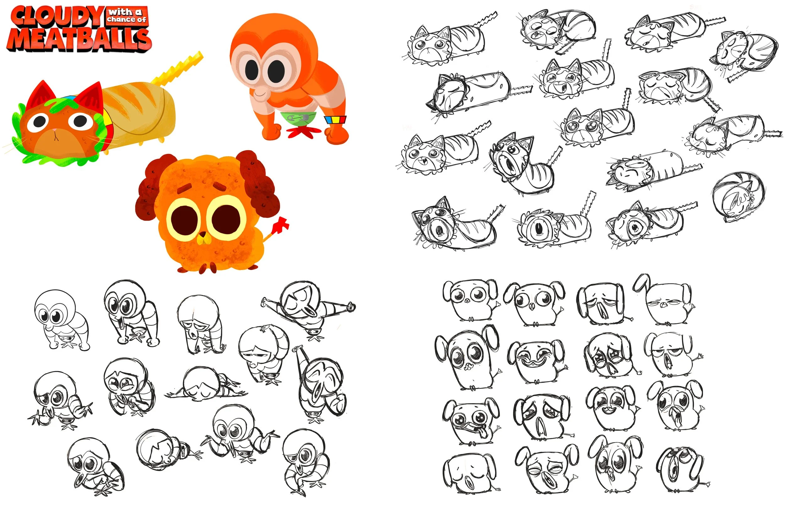 Colorful characters from the game 'Cloudy with a Chance of Meatballs' including a balloon-like creature with a cat face, a cute orange monster, and a small figure in a diaper. The image also shows various sketches of the same characters in different 