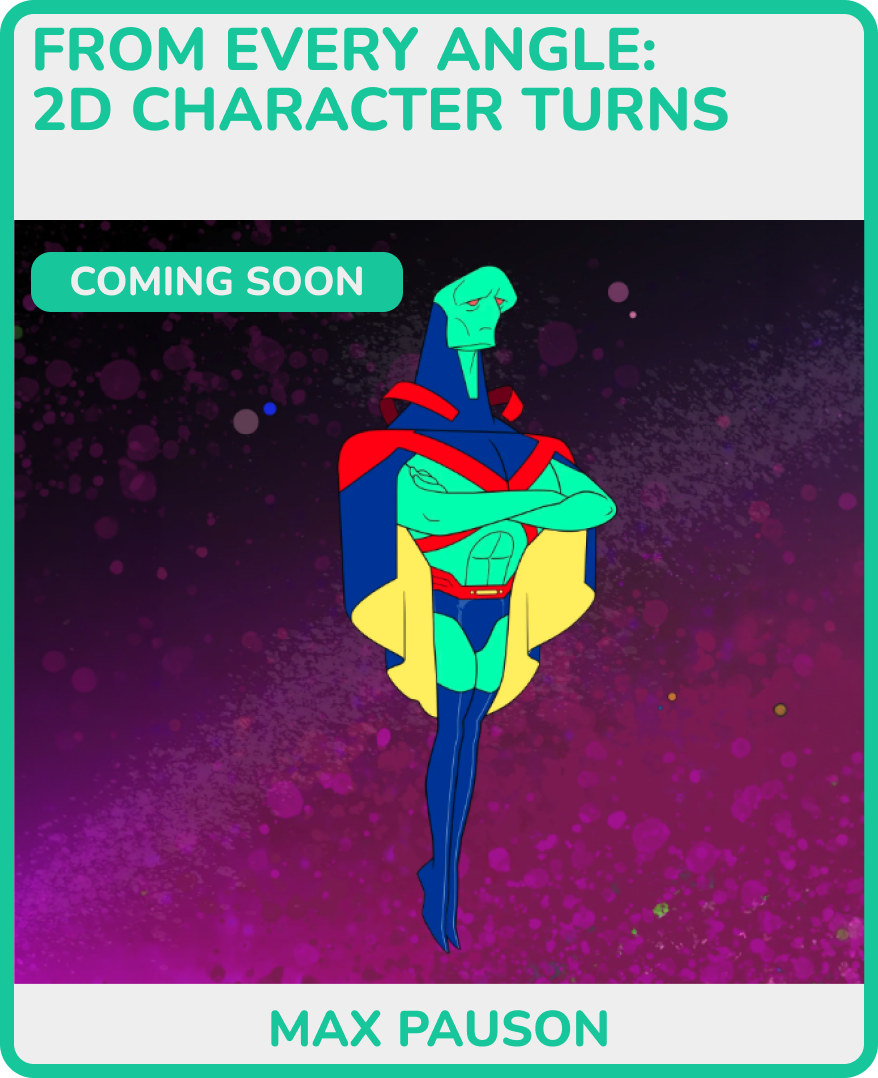 A digital cartoon illustration of a stylized superhero character with a fish-like face, crossed arms, and a confident pose, set against a colorful cosmic background with purple and pink splashes. The character wears a blue, red, and yellow costume with a cape and boots, and the image includes text indicating it's part of a series related to 2D character turns, with a note "Coming Soon" and the name Max Pauson.