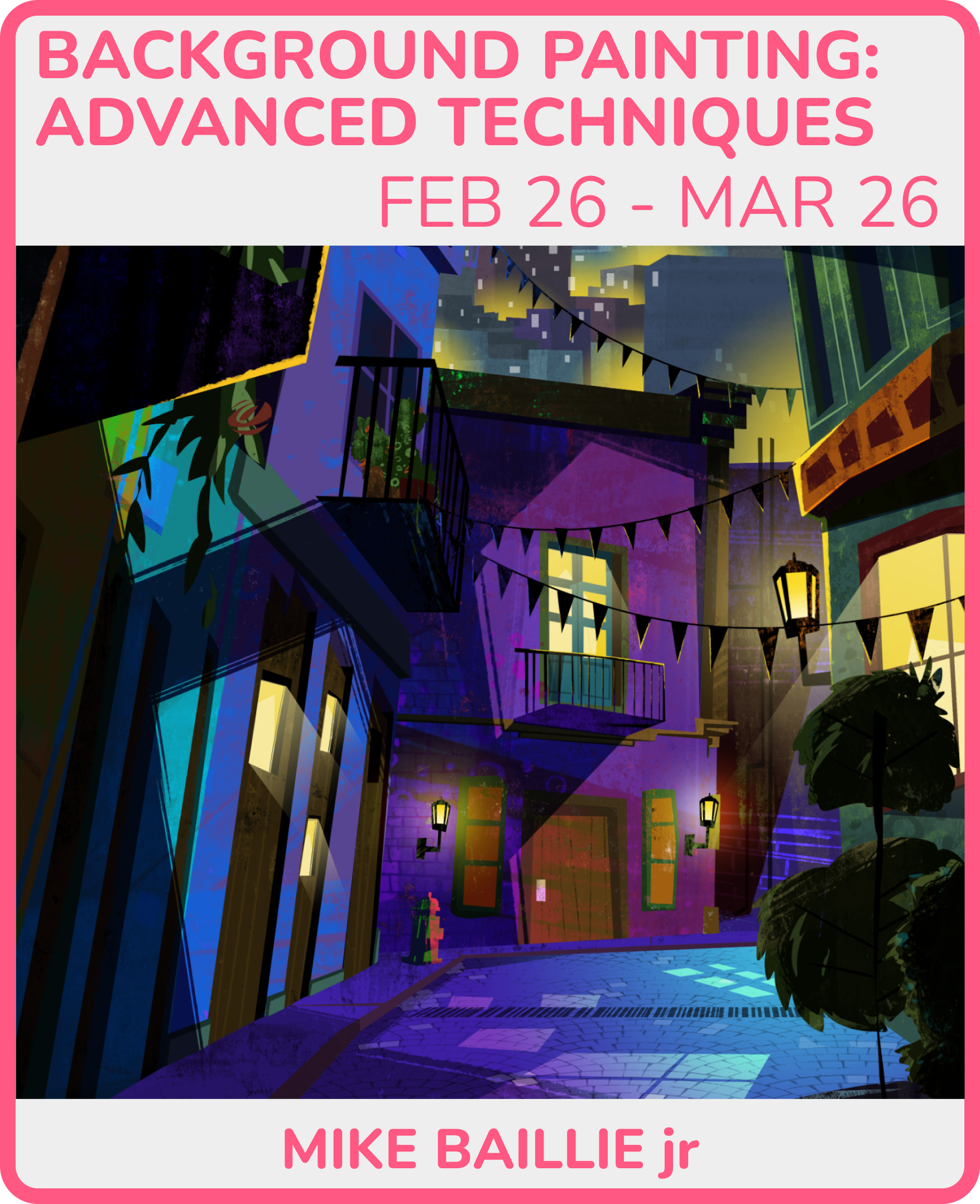 A colorful nighttime alley scene with buildings, lit windows, hanging banners, street lamps, and a cobblestone street.