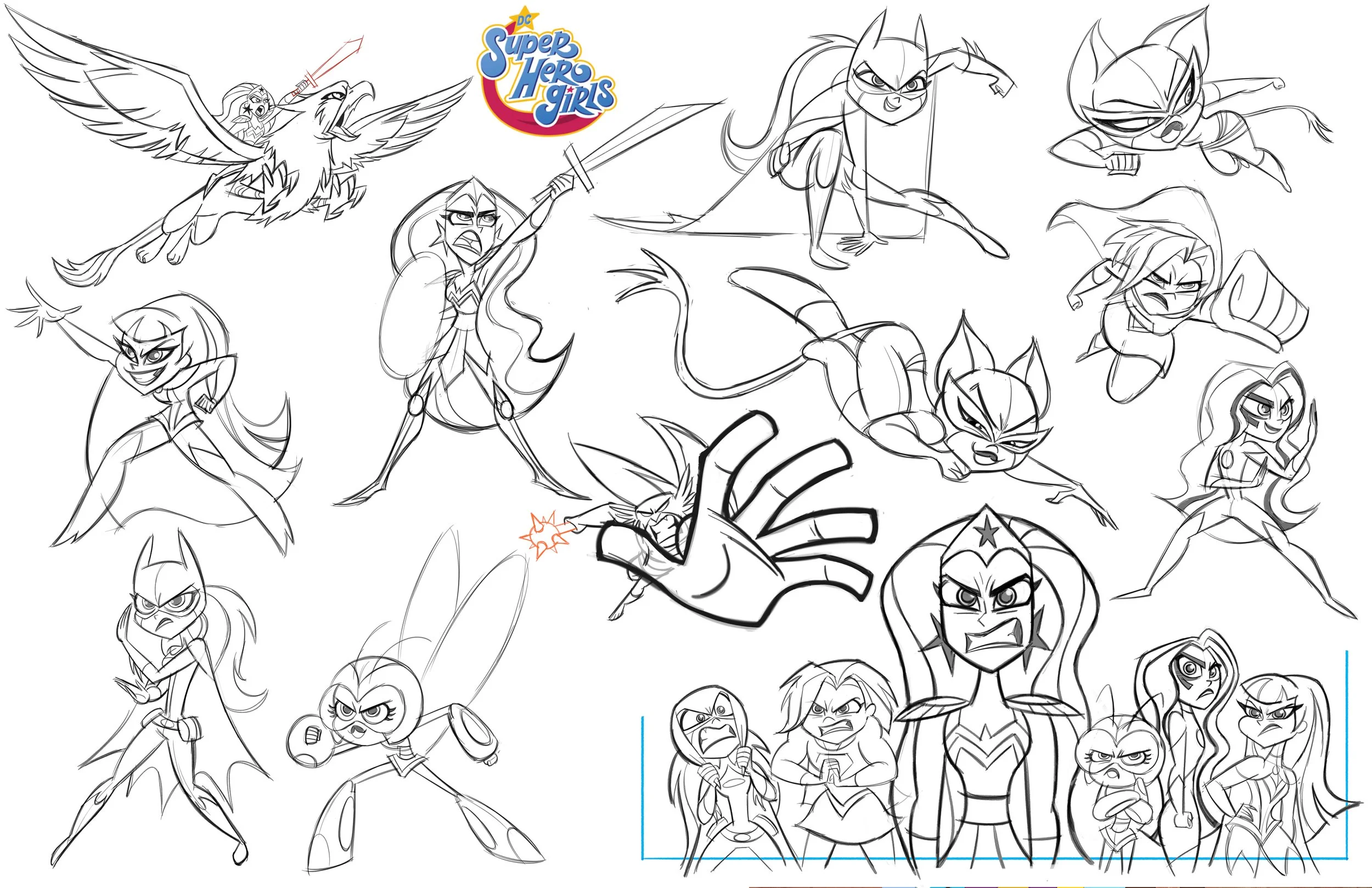Collection of black and white sketches of super hero girls, including characters from DC Super Hero Girls, in various action poses and expressions.
