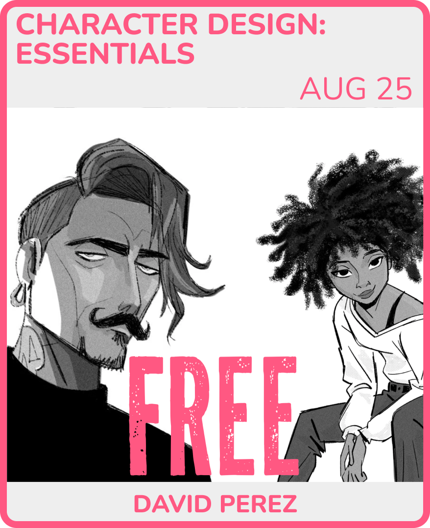 Black and white digital illustration of two characters, one with long hair and a mustache looking to the side, and the other with large natural hair sitting and looking at the viewer, with the text "Character Design: Essentials" at the top, "Aug 25" on the right, and "Free" and "David Perez" at the bottom.