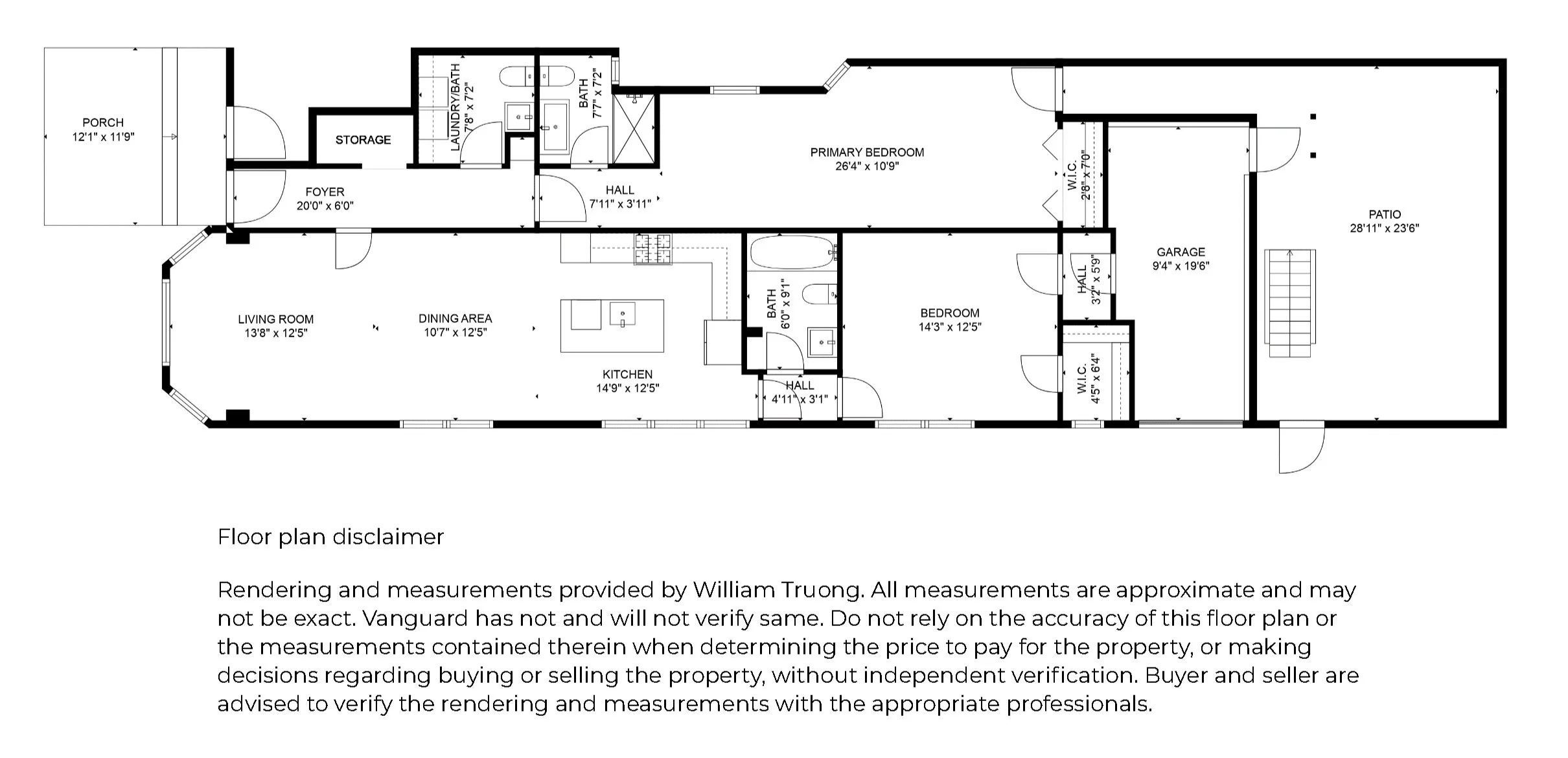 Floor plan of a house showing various rooms including porch, foyer, storage, laundry/bath, bath, hallways, primary bedroom, bedroom, kitchen, dining area, living room, garage, patio, with measurements for each room.