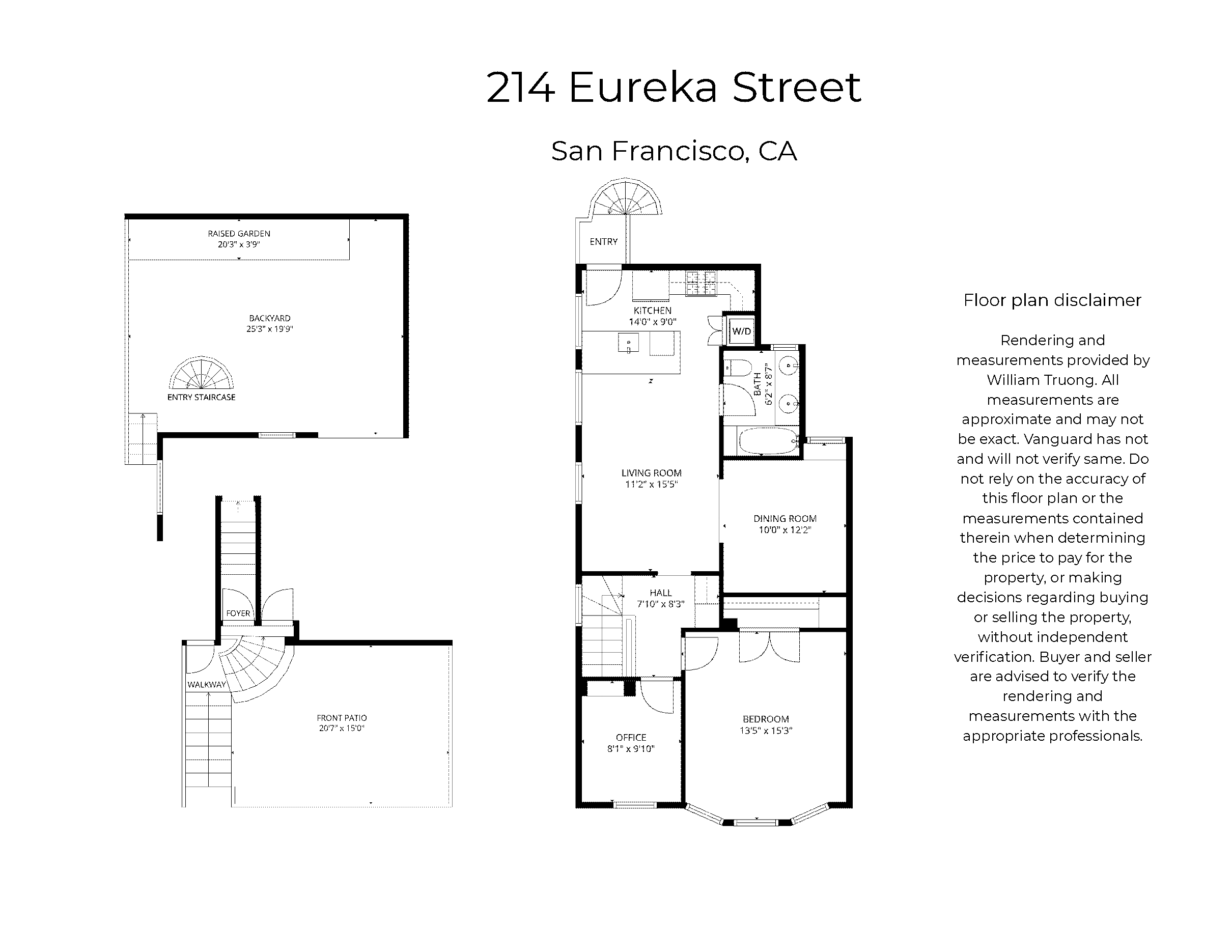 Floor plan of a house at 214 Eureka Street, San Francisco, CA, showing a foyer, office, bedroom, hall, living room, dining room, kitchen, bathroom, laundry area, front patio, backyard, outdoor raised garden, and entry staircase.