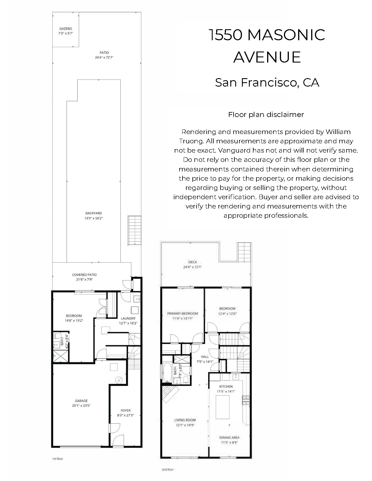 Floor plan of a property at 1550 Masonic Avenue, San Francisco, CA, showing layout and dimensions of rooms including a garage, bedrooms, bathrooms, kitchen, living room, and outdoor areas.