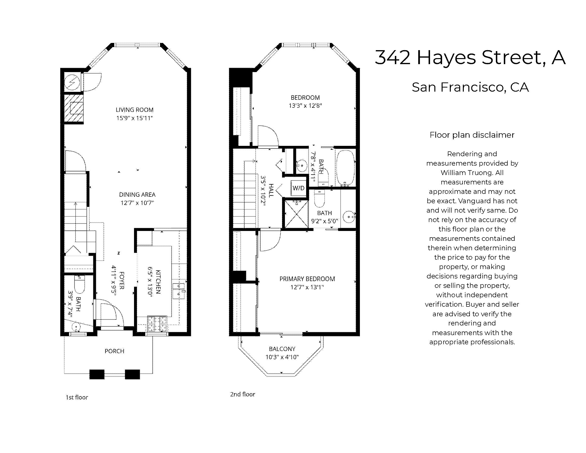 Floor plan of 342 Hayes Street, Unit A, San Francisco, showing a bi-level condo with open living and dining area, kitchen, half bath on first floor, and two ensuite bedrooms with balcony on second floor.
