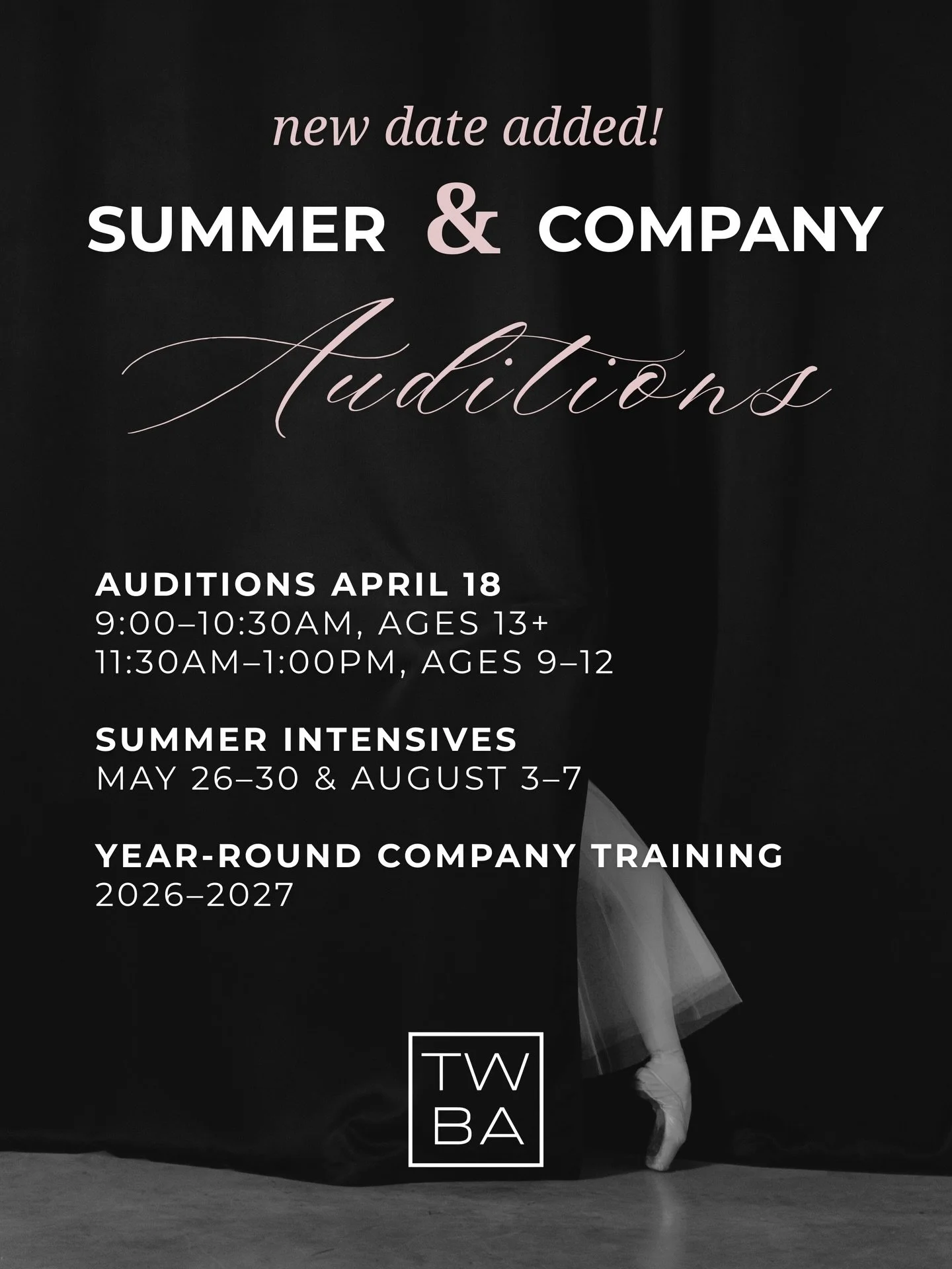 We&rsquo;ve added another audition date! 

Join us on Saturday, April 18, to audition for our summer intensives, year-round company training, or both. You can register to audition through the link in our bio.

To submit a video audition, please uploa
