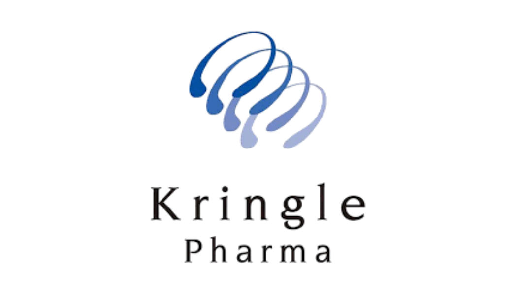 Kringle Pharma logo with a stylized spiral symbol in blue and gray and the company name beneath.