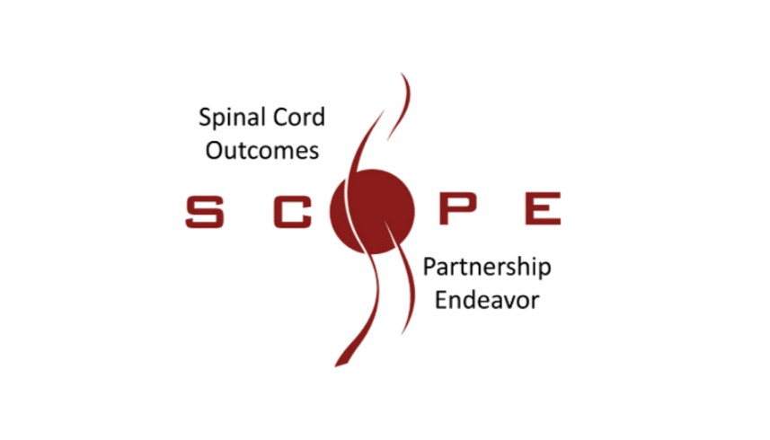 Graphic showing the words 'Spinal Cord Outcomes' and the acronym 'SCOPE' with each letter standing for 'Partnership' and 'Endeavor' on either side of a stylized red spinal cord illustration.
